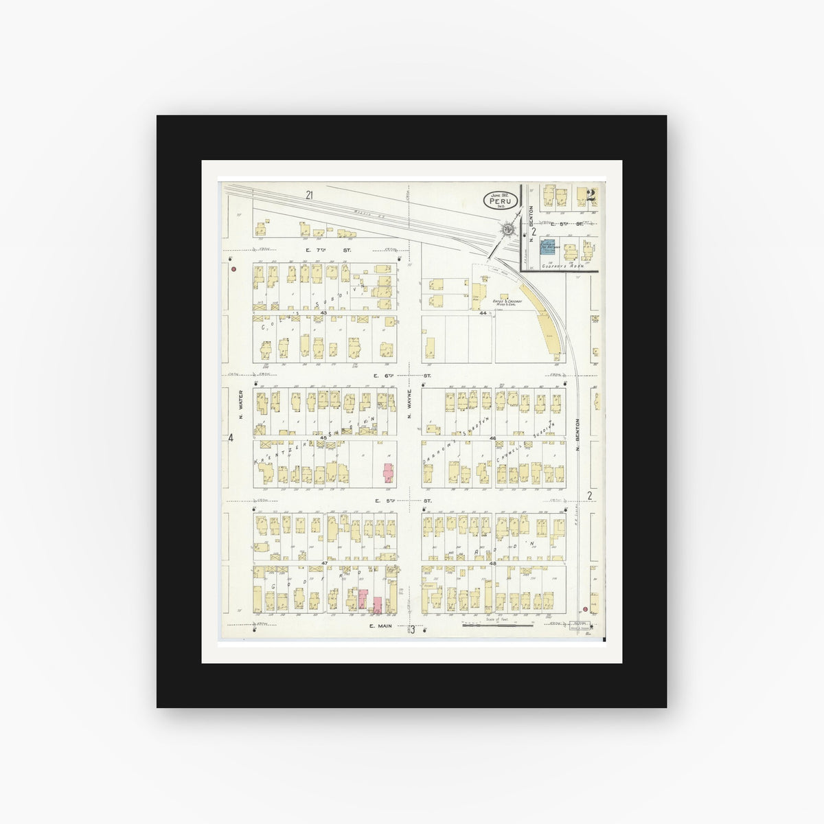 Old map wall art mockup — black gallery frame with white mat — Sanborn Fire Insurance Map from Peru, Miami County, Indiana (1912), Sheet #0002