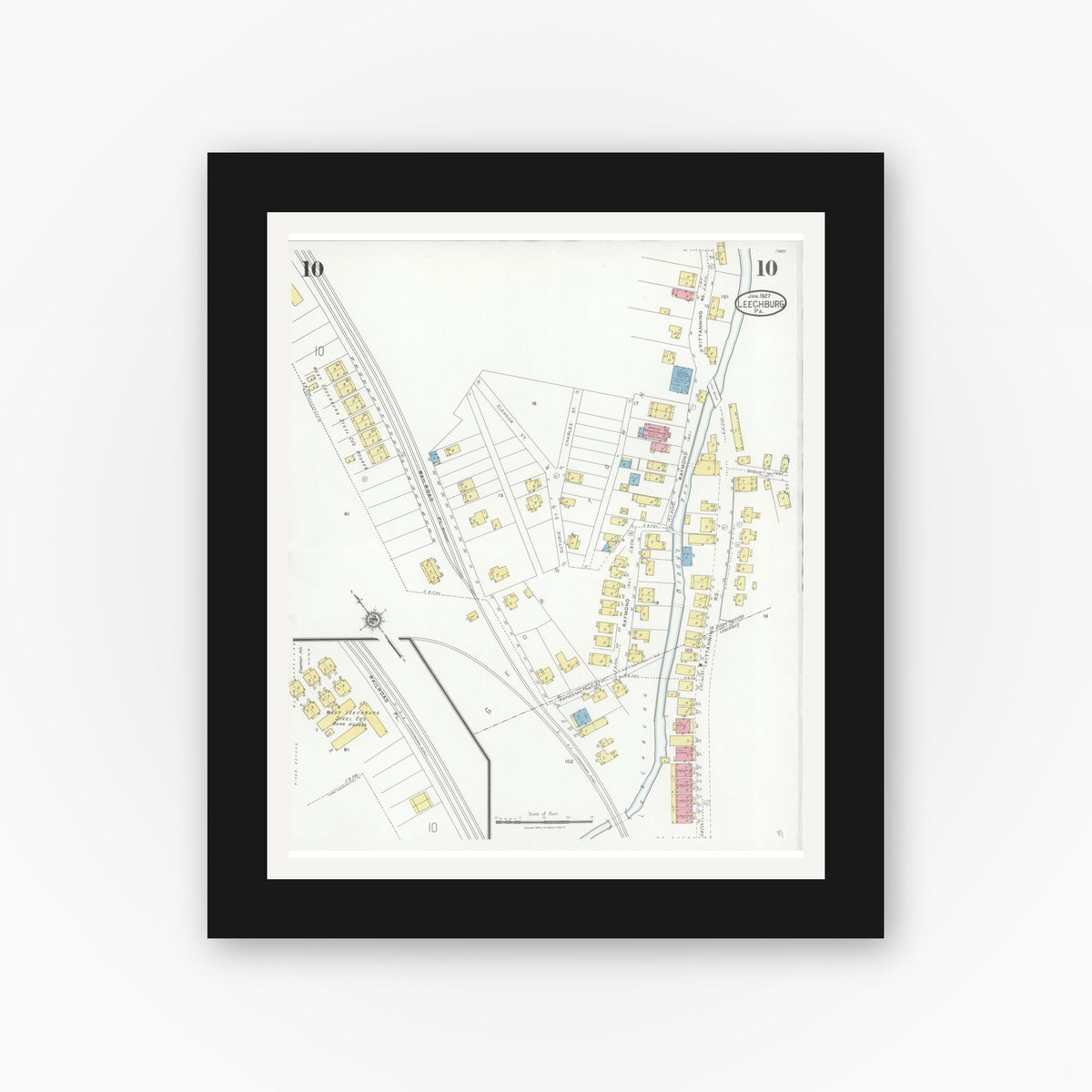Old map wall art mockup — black gallery frame with white mat — Sanborn Fire Insurance Map from Leechburg, Armstrong County, Pennsylvania (1927), Sheet #0010