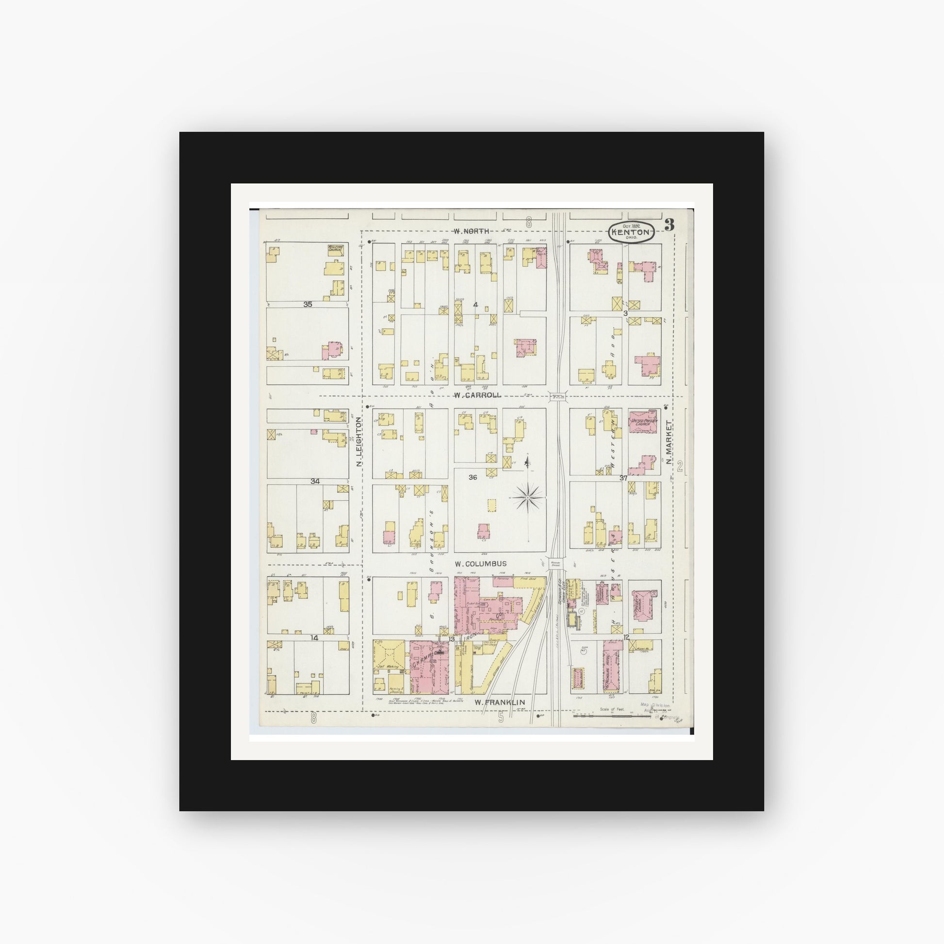 Old map wall art mockup — black gallery frame with white mat — Sanborn Fire Insurance Map from Kenton, Hardin County, Ohio (1892), Sheet #0003