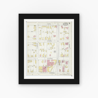 Old map wall art mockup — black gallery frame with white mat — Sanborn Fire Insurance Map from Kenton, Hardin County, Ohio (1892), Sheet #0003