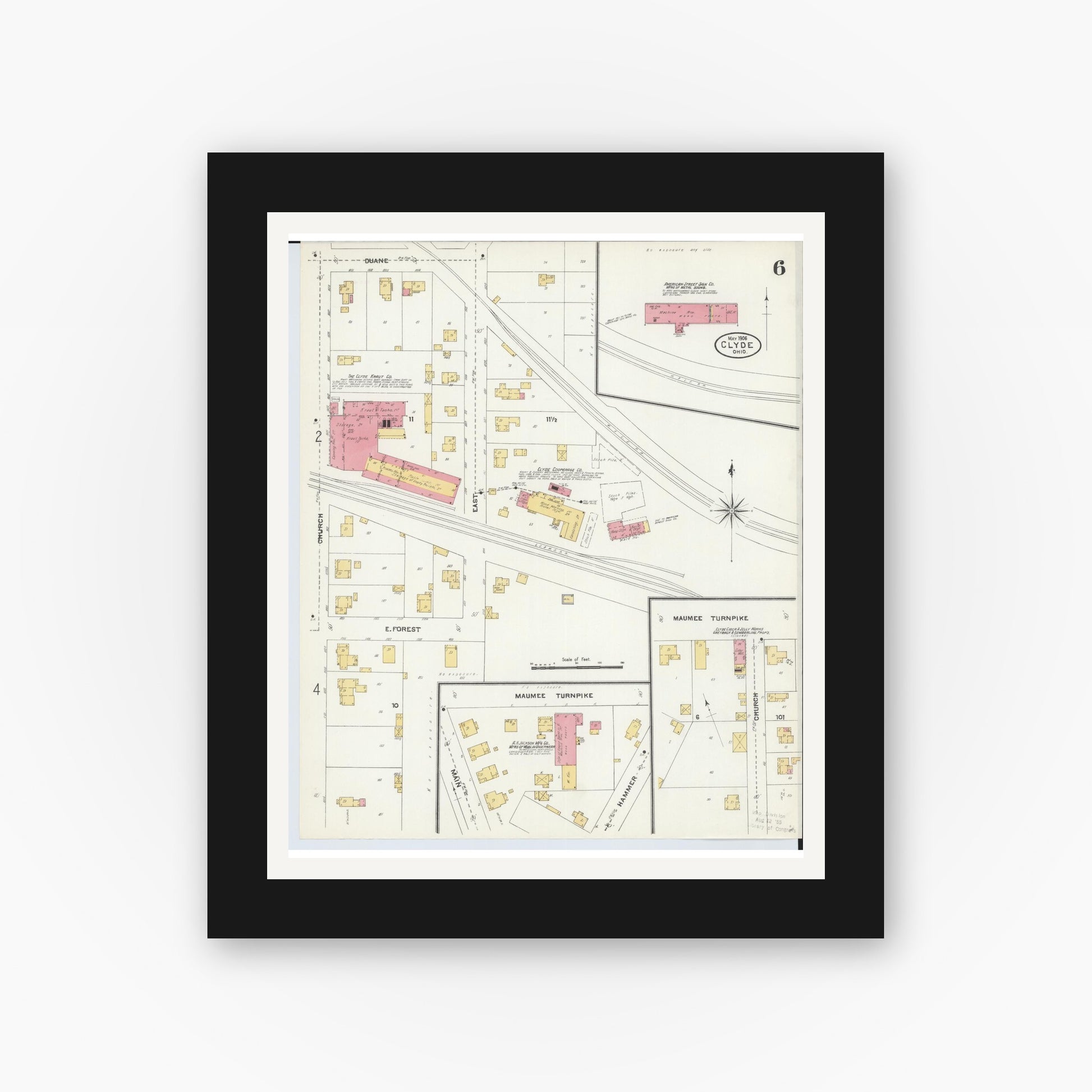 Old map wall art mockup — black gallery frame with white mat — Sanborn Fire Insurance Map from Clyde, Sandusky County, Ohio (1906), Sheet #0006