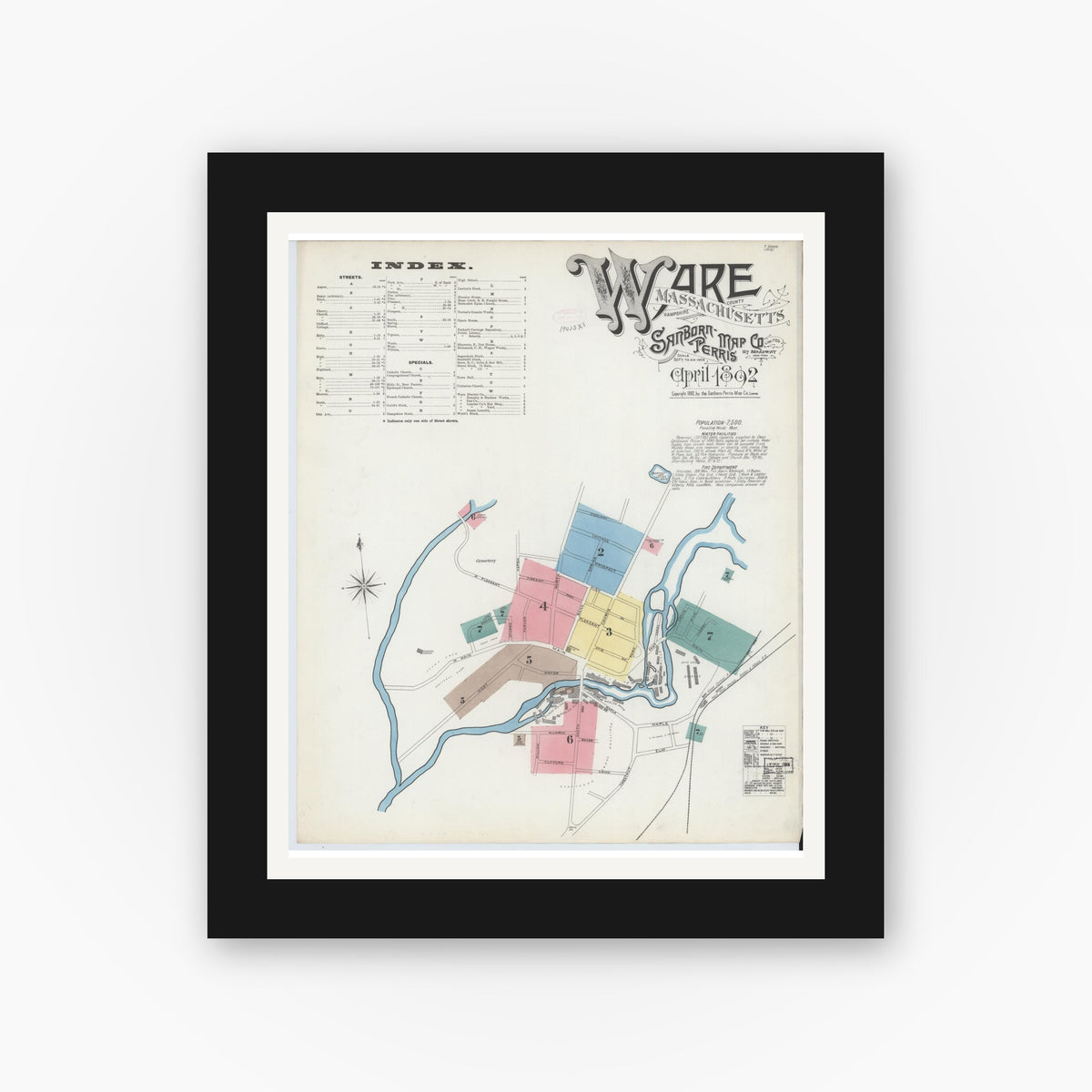 Old map wall art mockup — black gallery frame with white mat — Sanborn Fire Insurance Map from Ware, Hampshire County, Massachusetts (1892), Sheet #0001