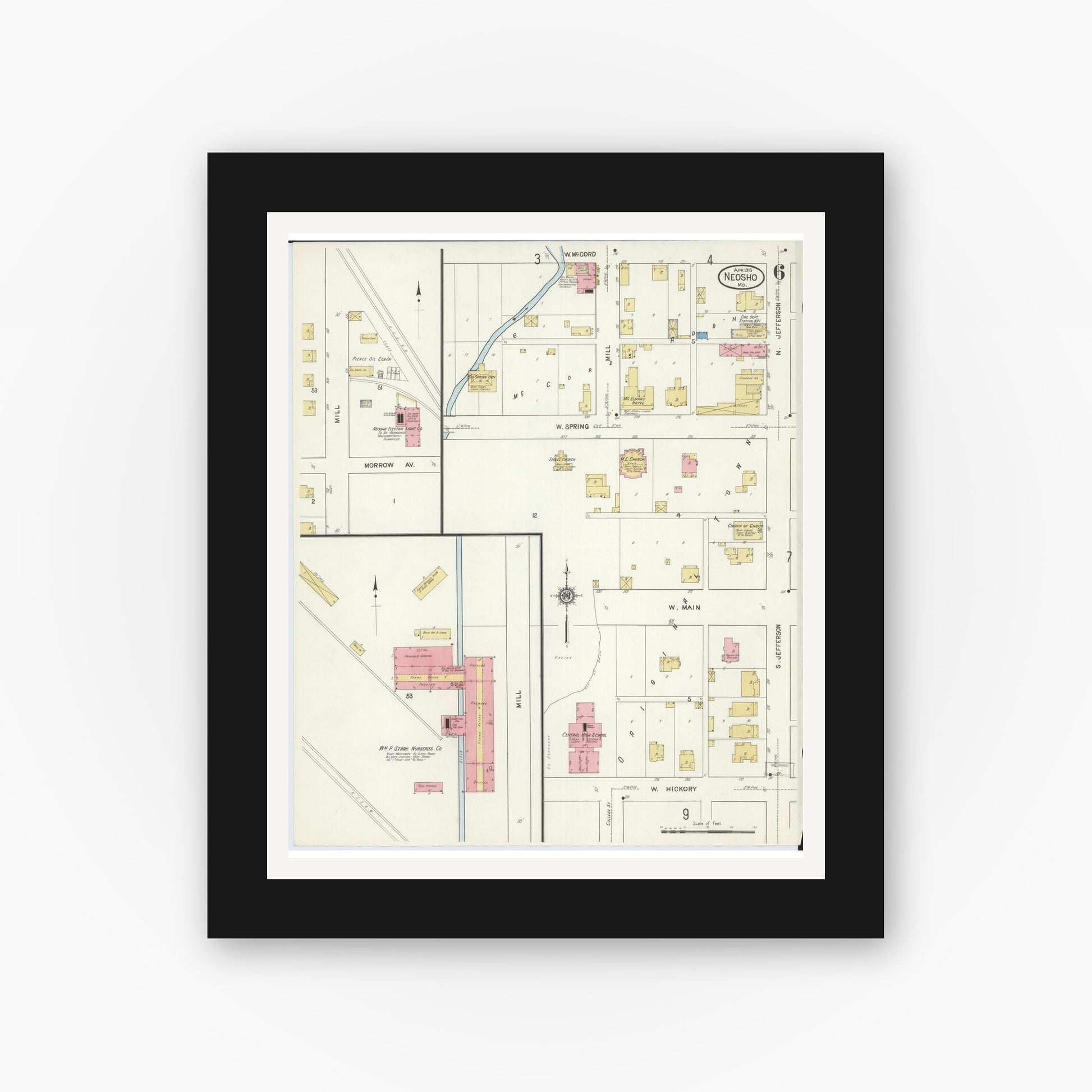 Old map wall art mockup — black gallery frame with white mat — Sanborn Fire Insurance Map from Neosho, Newton County, Missouri (1916), Sheet #0006