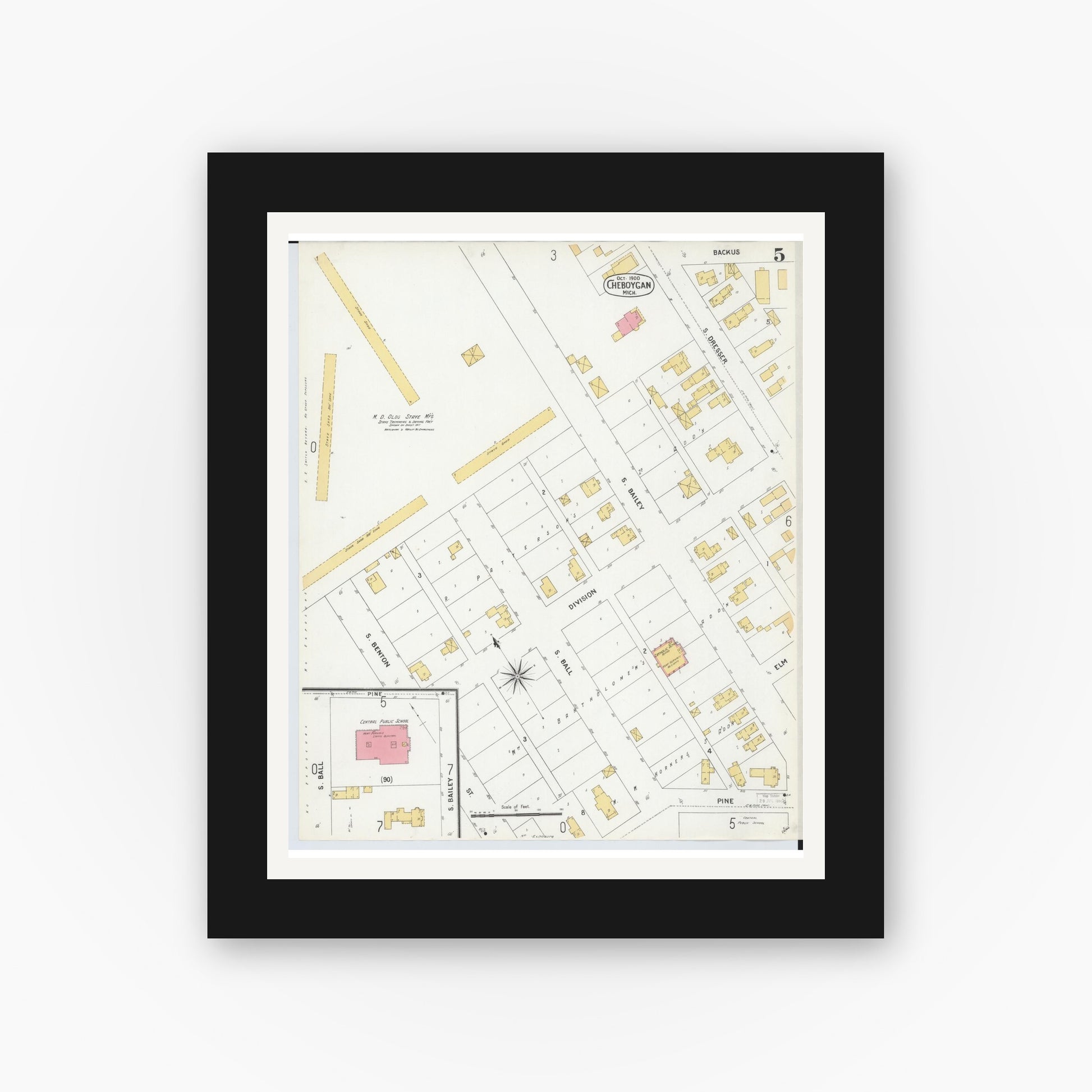Old map wall art mockup — black gallery frame with white mat — Sanborn Fire Insurance Map from Cheboygan, Cheboygan County, Michigan (1900), Sheet #0005