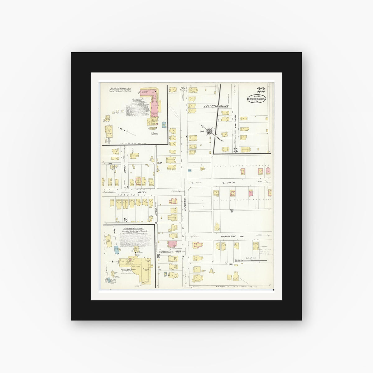 Old map wall art mockup — black gallery frame with white mat — Sanborn Fire Insurance Map from Stroudsburg, Monroe County, Pennsylvania (1912), Sheet #0022