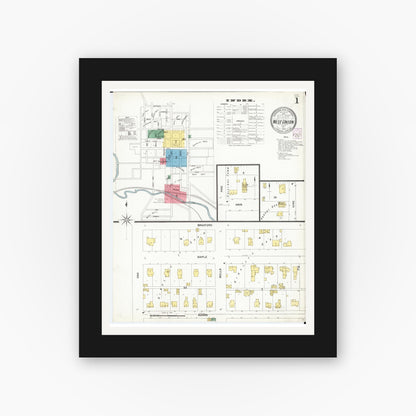 Old map wall art mockup — black gallery frame with white mat — Sanborn Fire Insurance Map from West Union, Fayette County, Iowa (1902), Sheet #0001