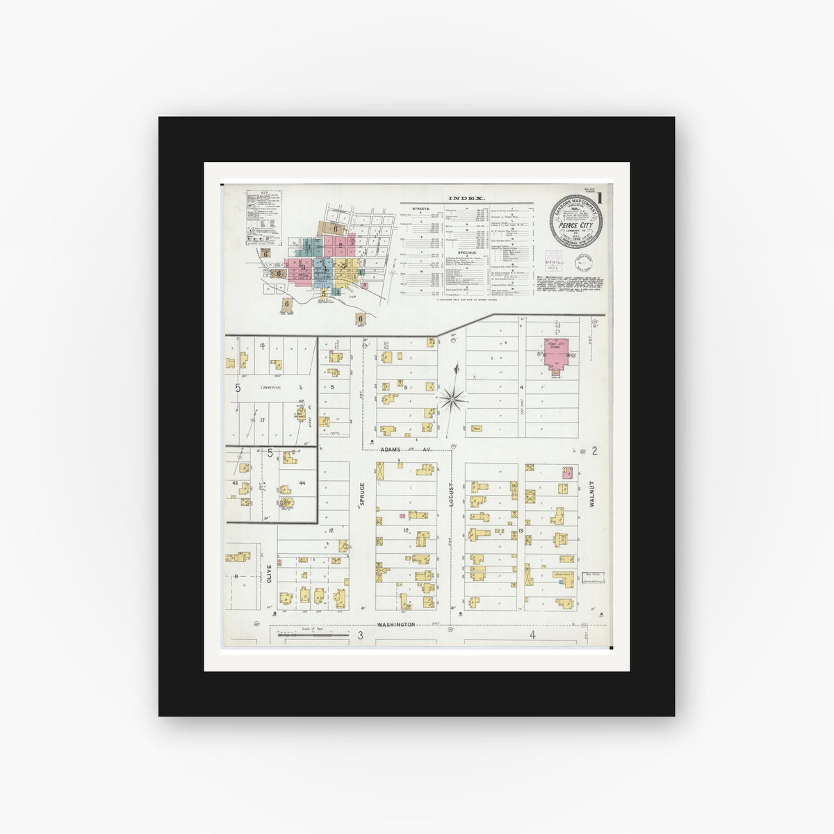 Old map wall art mockup — black gallery frame with white mat — Sanborn Fire Insurance Map from Pierce City, Lawrence County, Missouri (1902), Sheet #0001