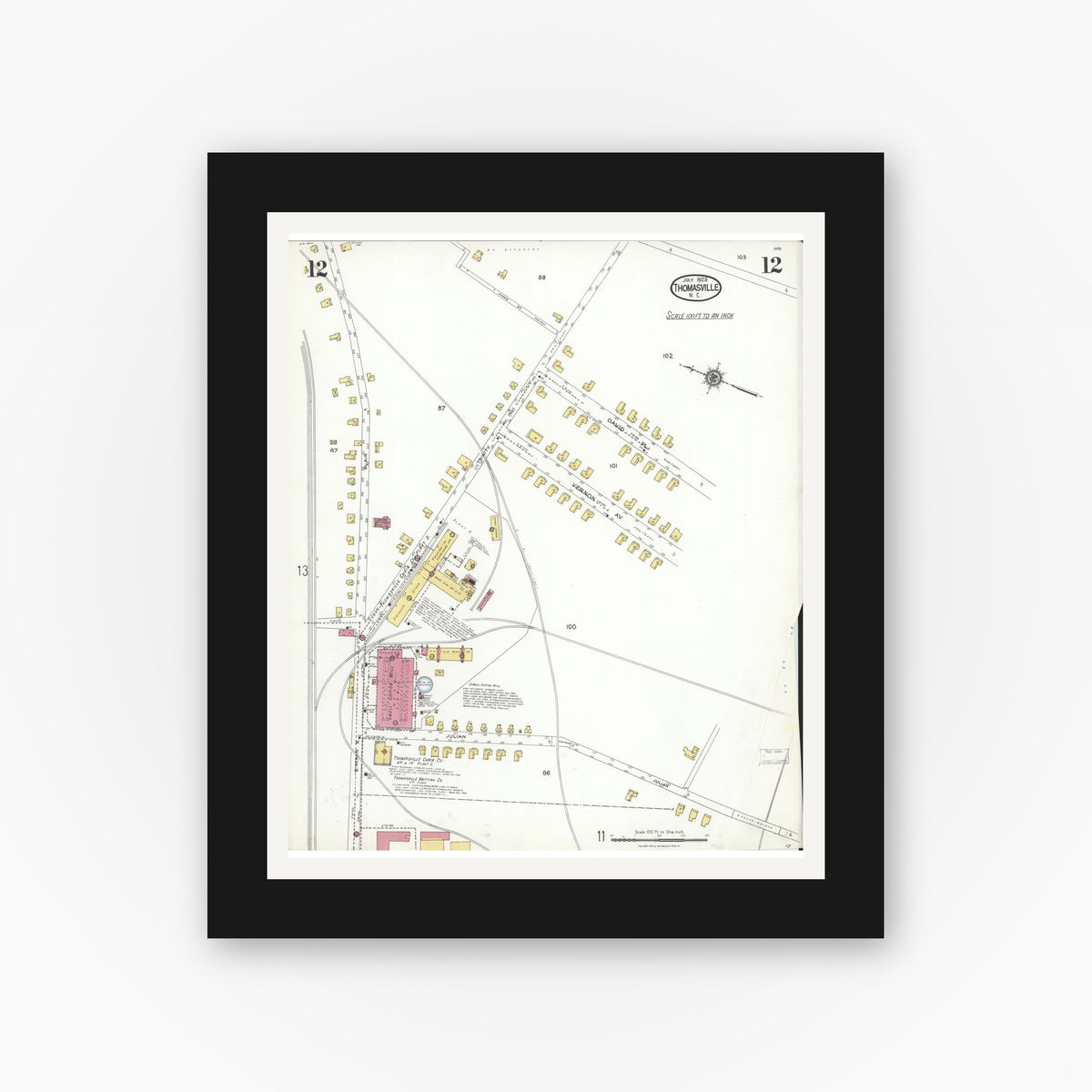 Old map wall art mockup — black gallery frame with white mat — Sanborn Fire Insurance Map from Thomasville, Davidson County, North Carolina (1923), Sheet #0012
