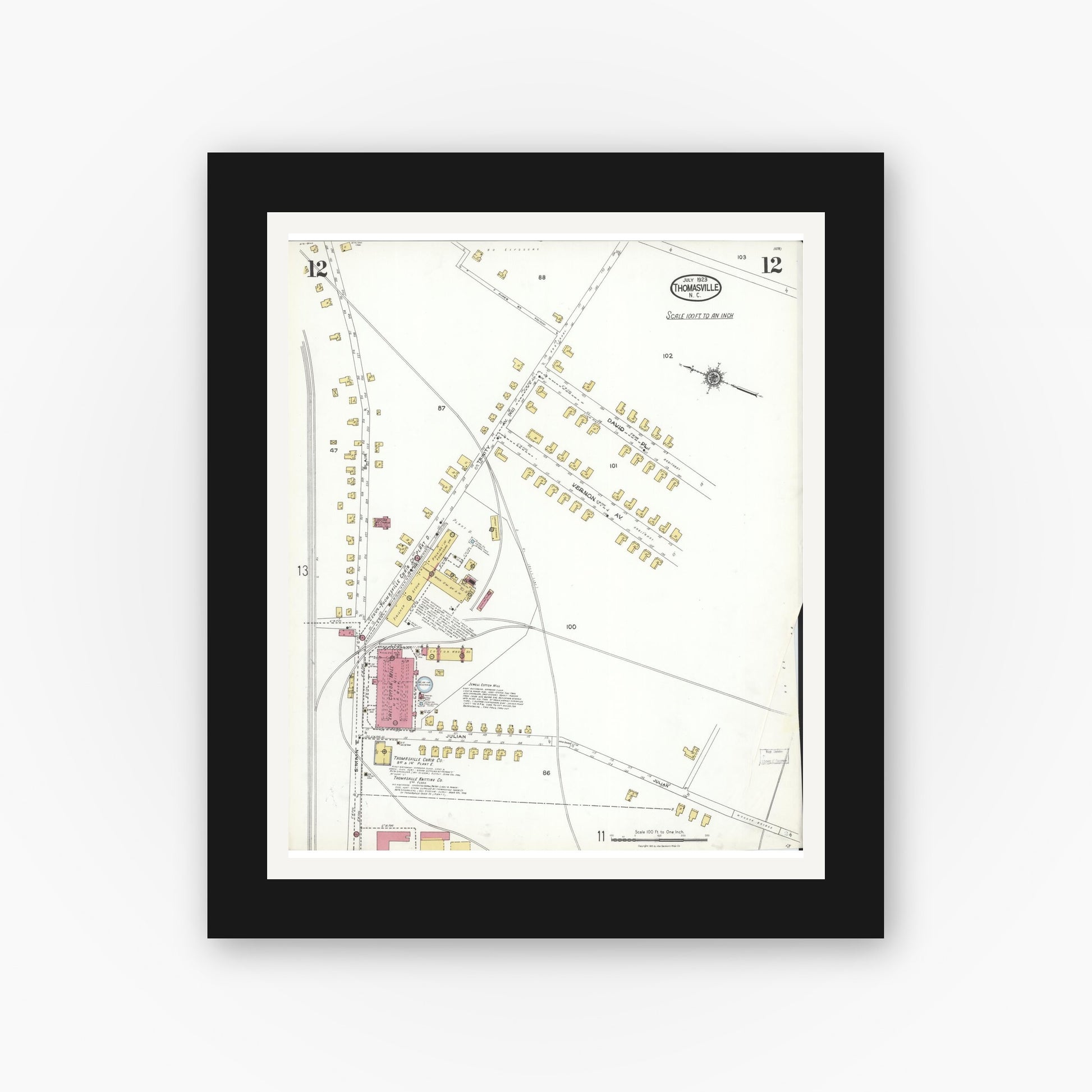 Old map wall art mockup — black gallery frame with white mat — Sanborn Fire Insurance Map from Thomasville, Davidson County, North Carolina (1923), Sheet #0012