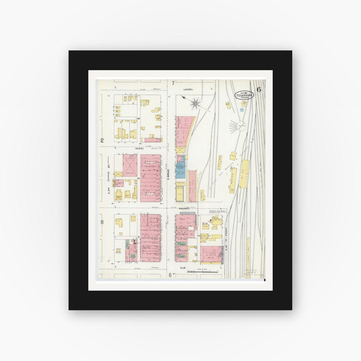Old map wall art mockup — black gallery frame with white mat — Sanborn Fire Insurance Map from Texarkana, Bowie County, Texas (1905), Sheet #0006