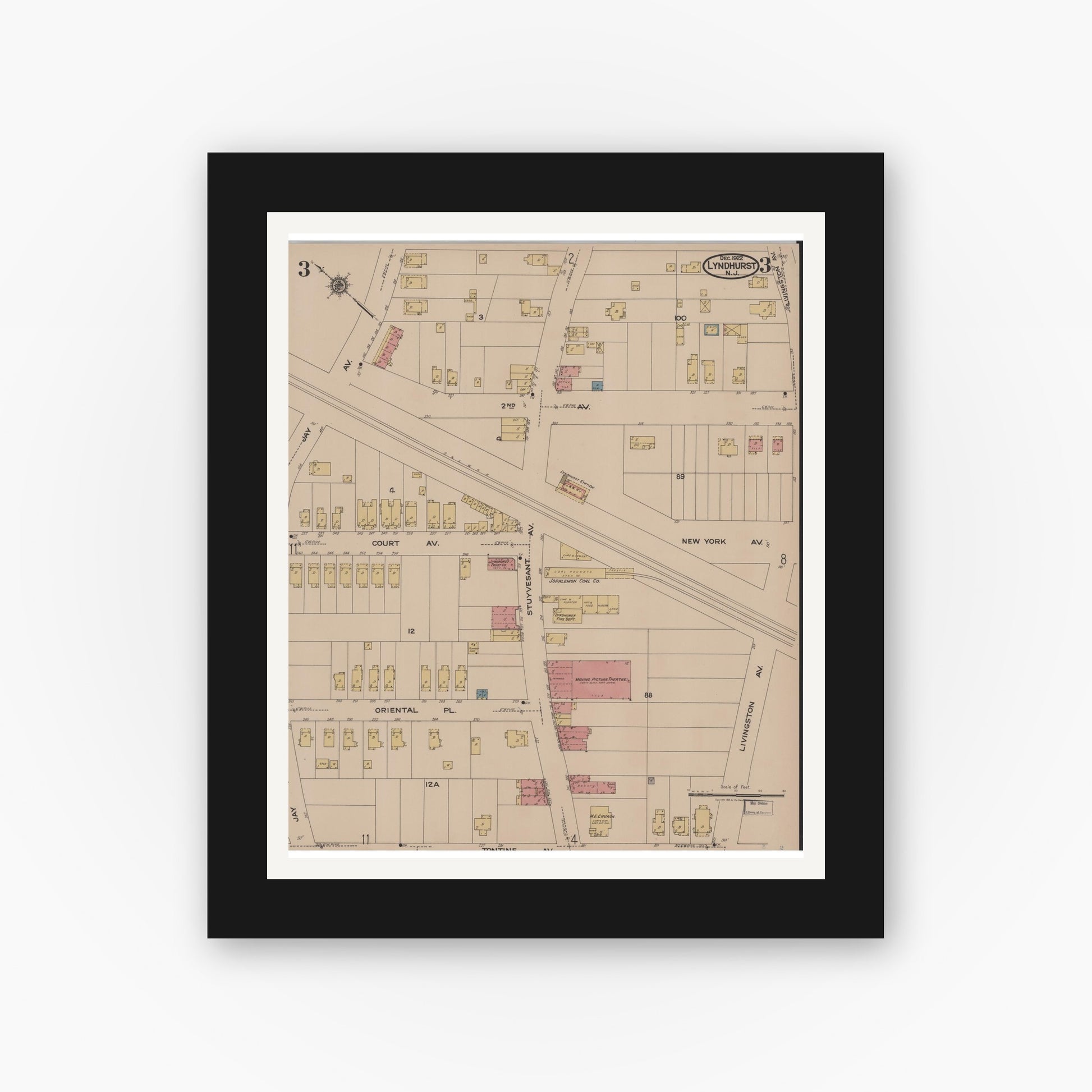 Old map wall art mockup — black gallery frame with white mat — Sanborn Fire Insurance Map from Lyndhurst, Bergen County, New Jersey (1922), Sheet #0003