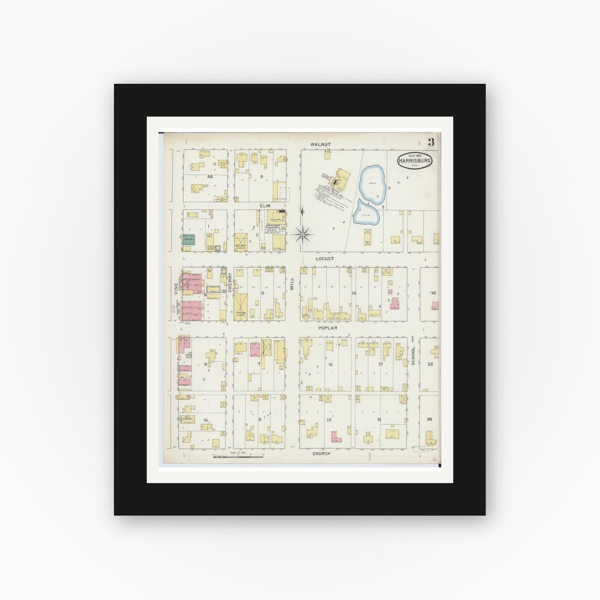 Old map wall art mockup — black gallery frame with white mat — Sanborn Fire Insurance Map from Harrisburg, Saline County, Illinois (1894), Sheet #0003