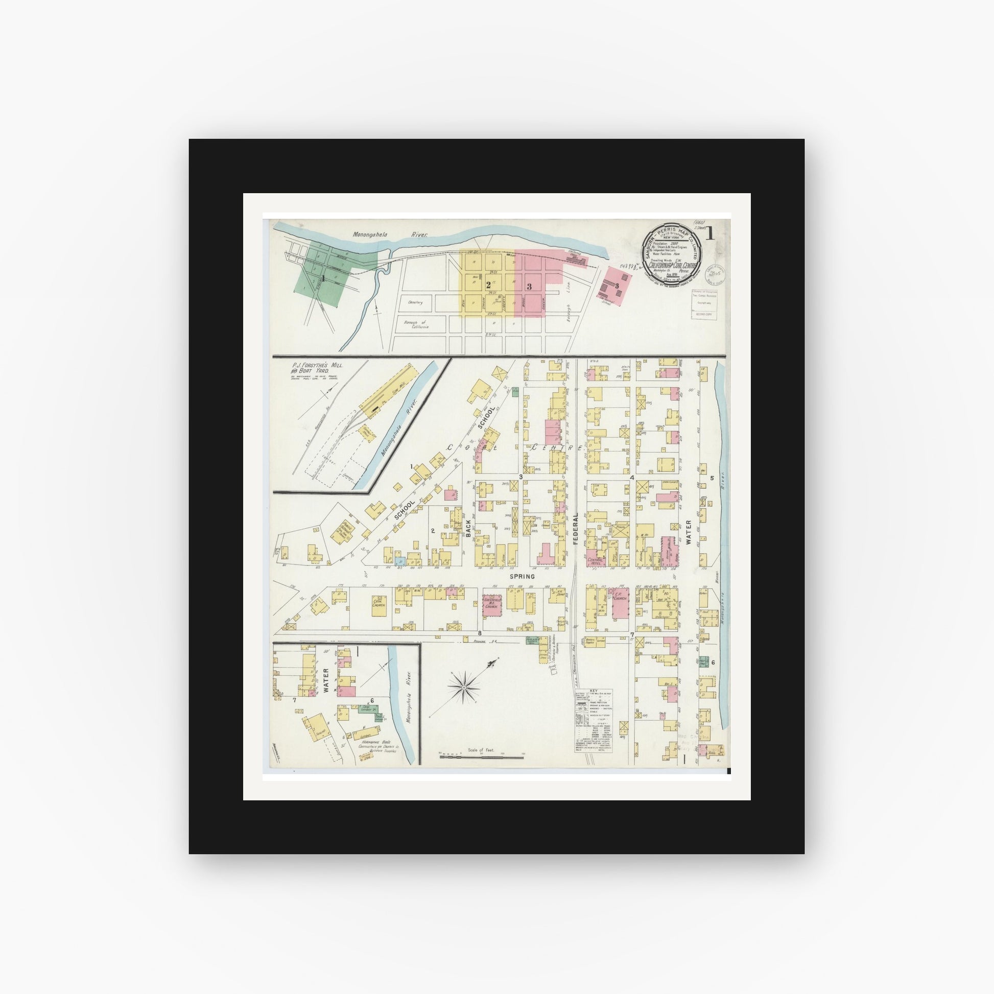 Old map wall art mockup — black gallery frame with white mat — Sanborn Fire Insurance Map from California, Washington County, Pennsylvania (1896) - Complete Map Set