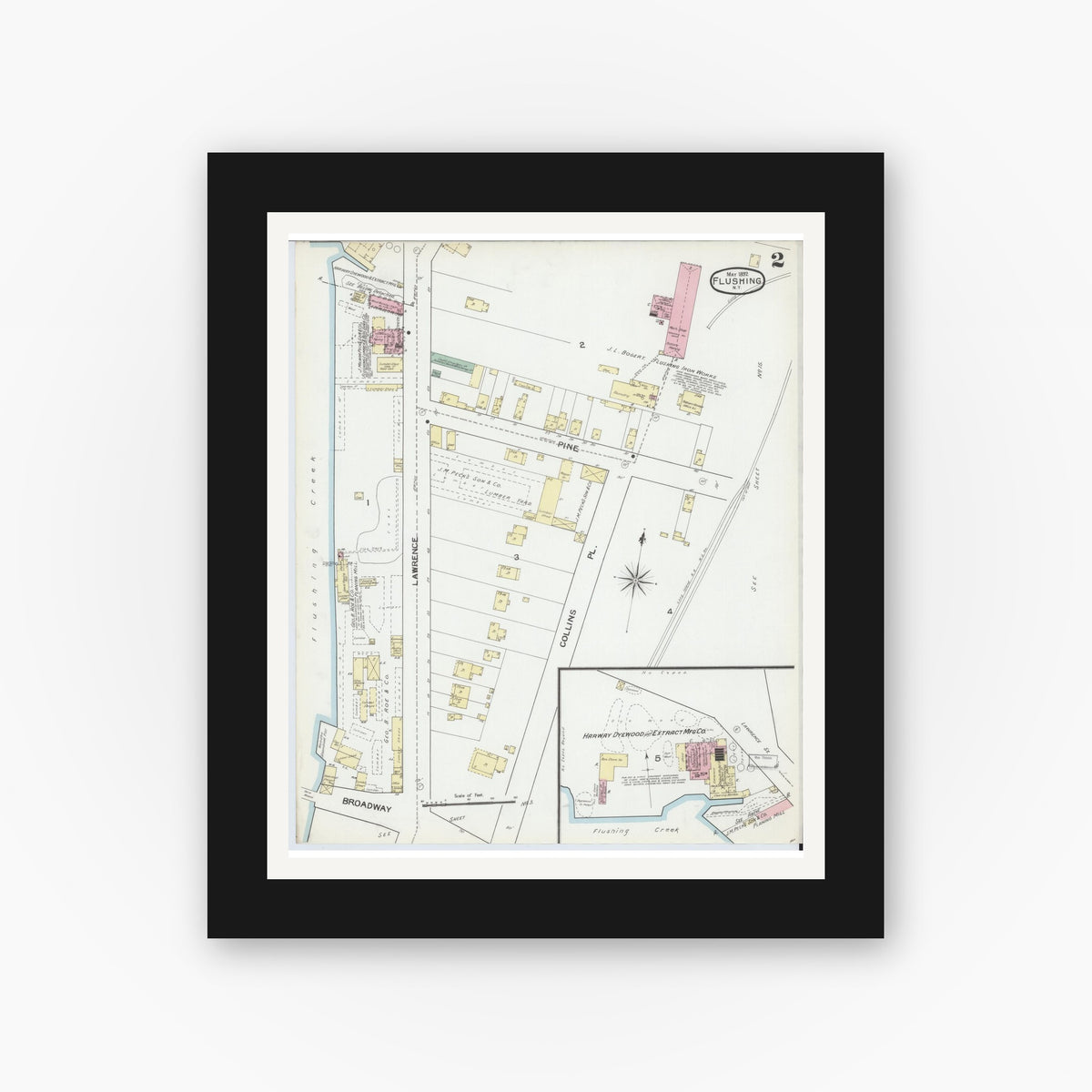 Old map wall art mockup — black gallery frame with white mat — Sanborn Fire Insurance Map from Flushing, Queens County, New York (1892) - Complete Map Set