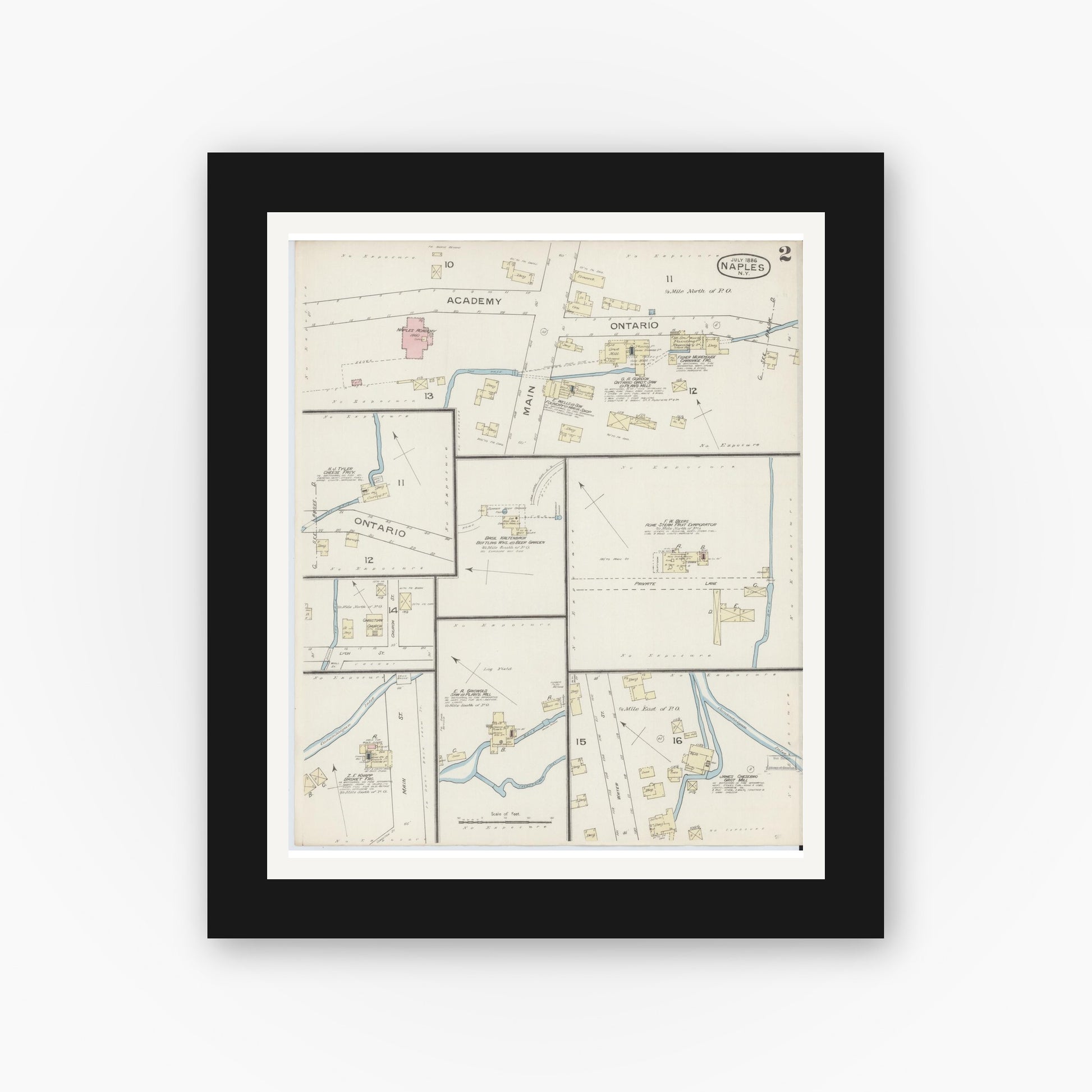 Old map wall art mockup — black gallery frame with white mat — Sanborn Fire Insurance Map from Naples, Ontario County, New York (1886), Sheet #0002