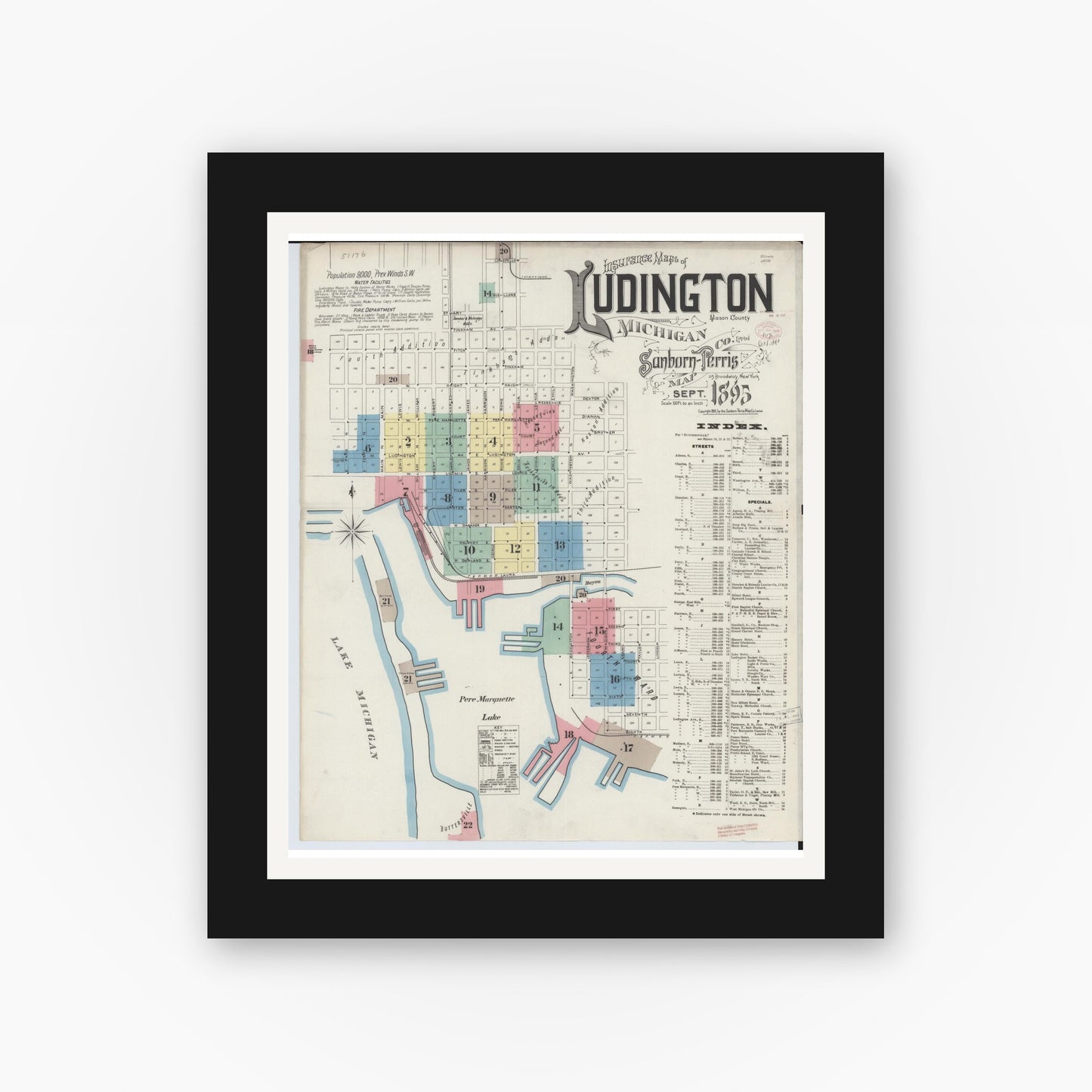 Old map wall art mockup — black gallery frame with white mat — Sanborn Fire Insurance Map from Ludington, Mason County, Michigan (1895) - Complete Map Set