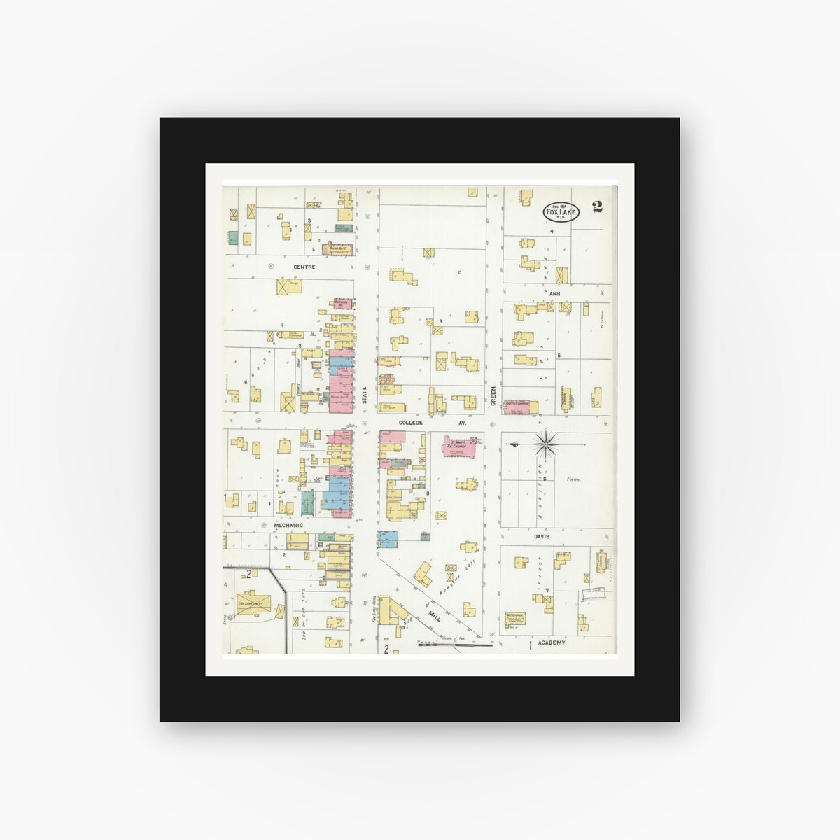 Old map wall art mockup — black gallery frame with white mat — Sanborn Fire Insurance Map from Fox Lake, Dodge County, Wisconsin (1904), Sheet #0002