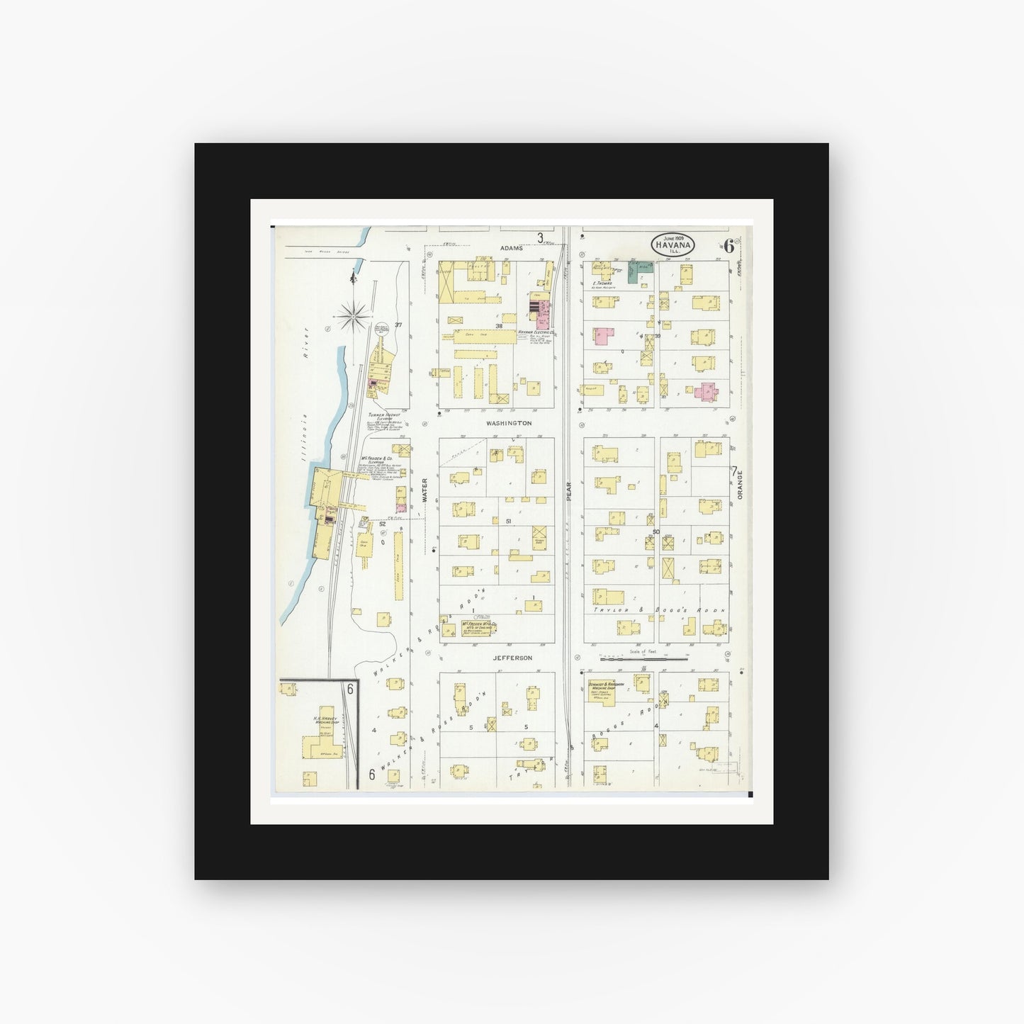 Old map wall art mockup — black gallery frame with white mat — Sanborn Fire Insurance Map from Havana, Mason County, Illinois (1909), Sheet #0006