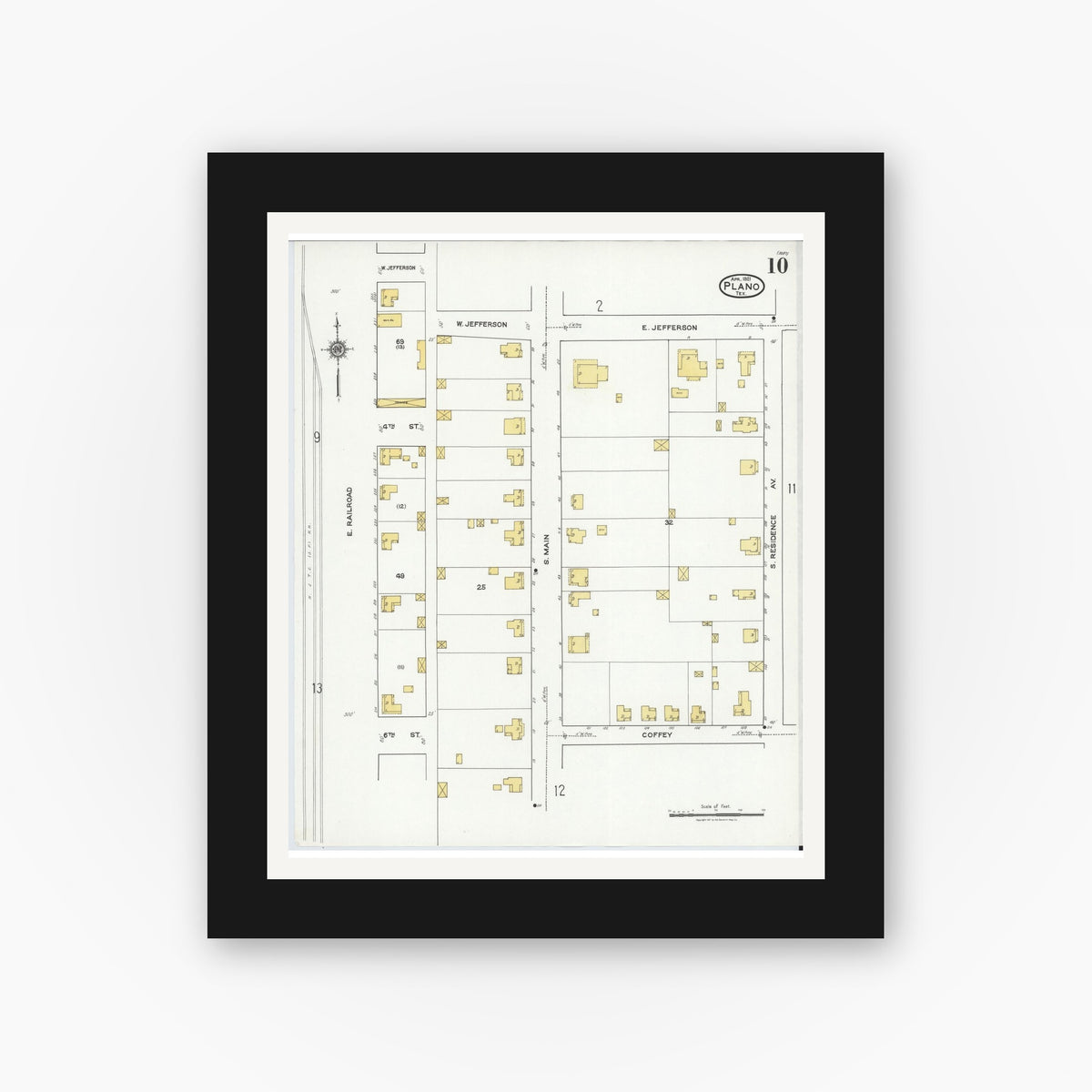 Old map wall art mockup — black gallery frame with white mat — Sanborn Fire Insurance Map from Plano, Collin County, Texas (1921), Sheet #0010