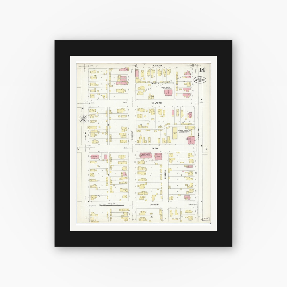 Old map wall art mockup — black gallery frame with white mat — Sanborn Fire Insurance Map from Seymour, Jackson County, Indiana (1907), Sheet #0014