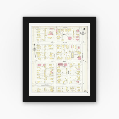 Old map wall art mockup — black gallery frame with white mat — Sanborn Fire Insurance Map from Seymour, Jackson County, Indiana (1907), Sheet #0014