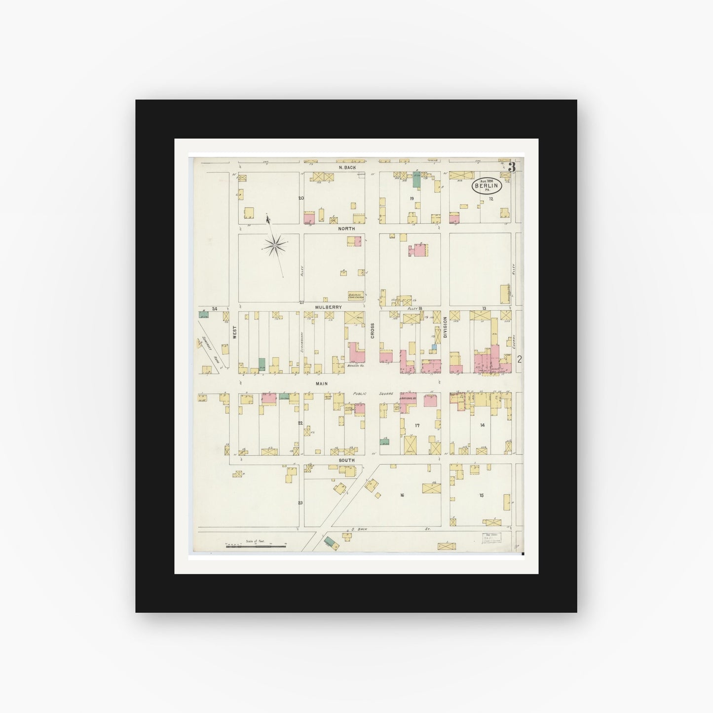 Old map wall art mockup — black gallery frame with white mat — Sanborn Fire Insurance Map from Berlin, Somerset County, Pennsylvania (1898), Sheet #0003