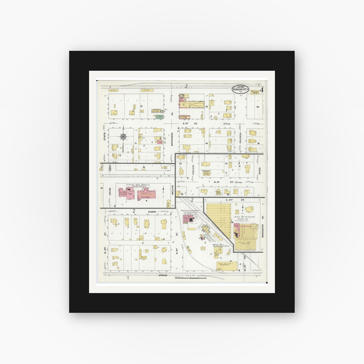 Old map wall art mockup — black gallery frame with white mat — Sanborn Fire Insurance Map from Gibson City, Ford County, Illinois (1910), Sheet #0004