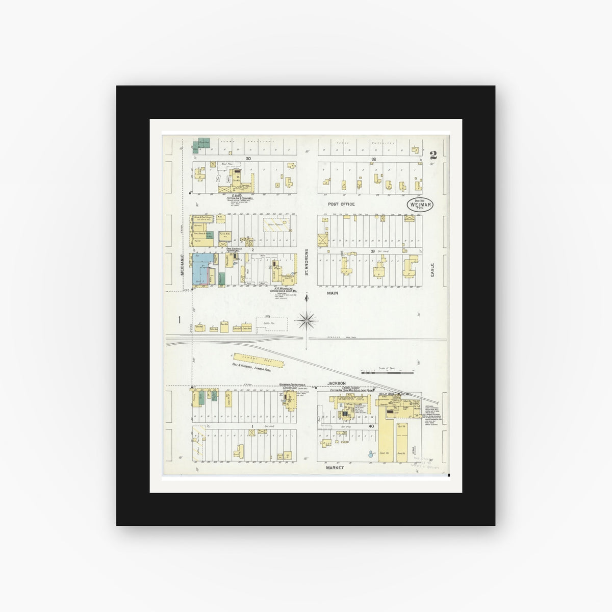Old map wall art mockup — black gallery frame with white mat — Sanborn Fire Insurance Map from Weimar, Colorado County, Texas (1901), Sheet #0002