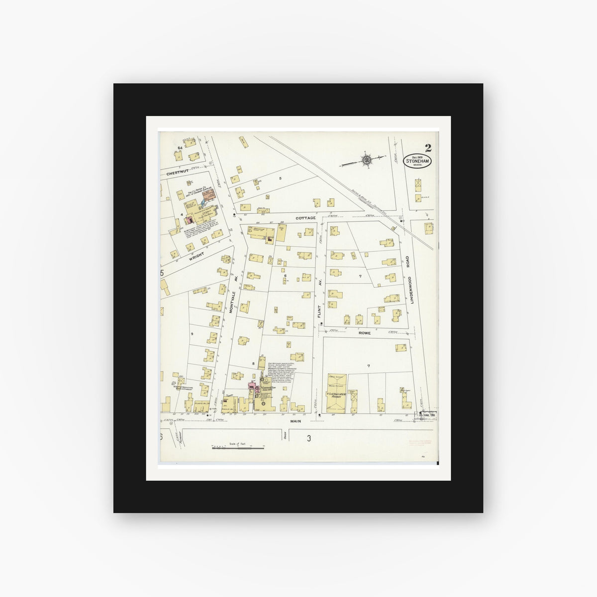 Old map wall art mockup — black gallery frame with white mat — Sanborn Fire Insurance Map from Stoneham, Middlesex County, Massachusetts (1909), Sheet #0002