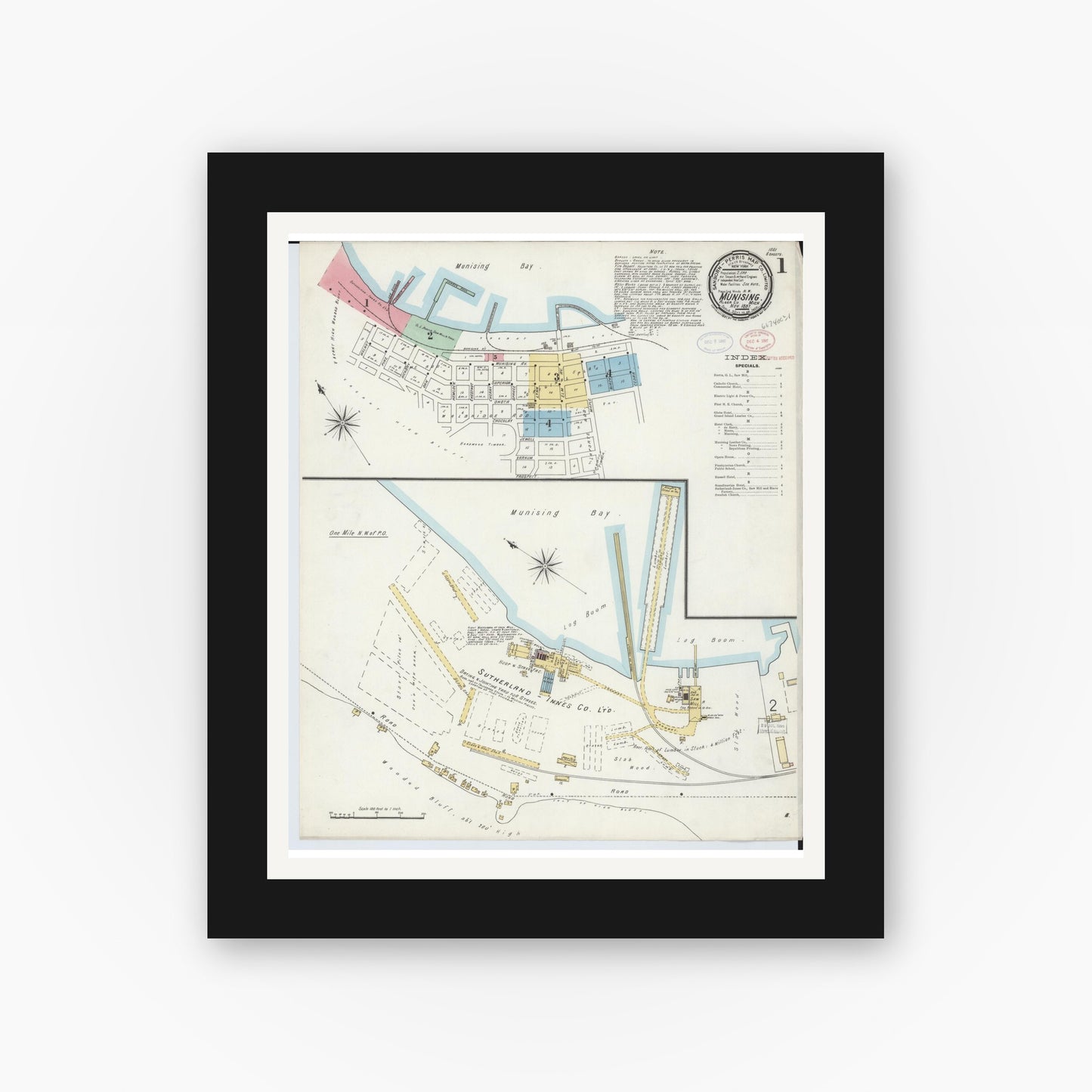 Old map wall art mockup — black gallery frame with white mat — Sanborn Fire Insurance Map from Munising, Alger County, Michigan (1897), Sheet #0001