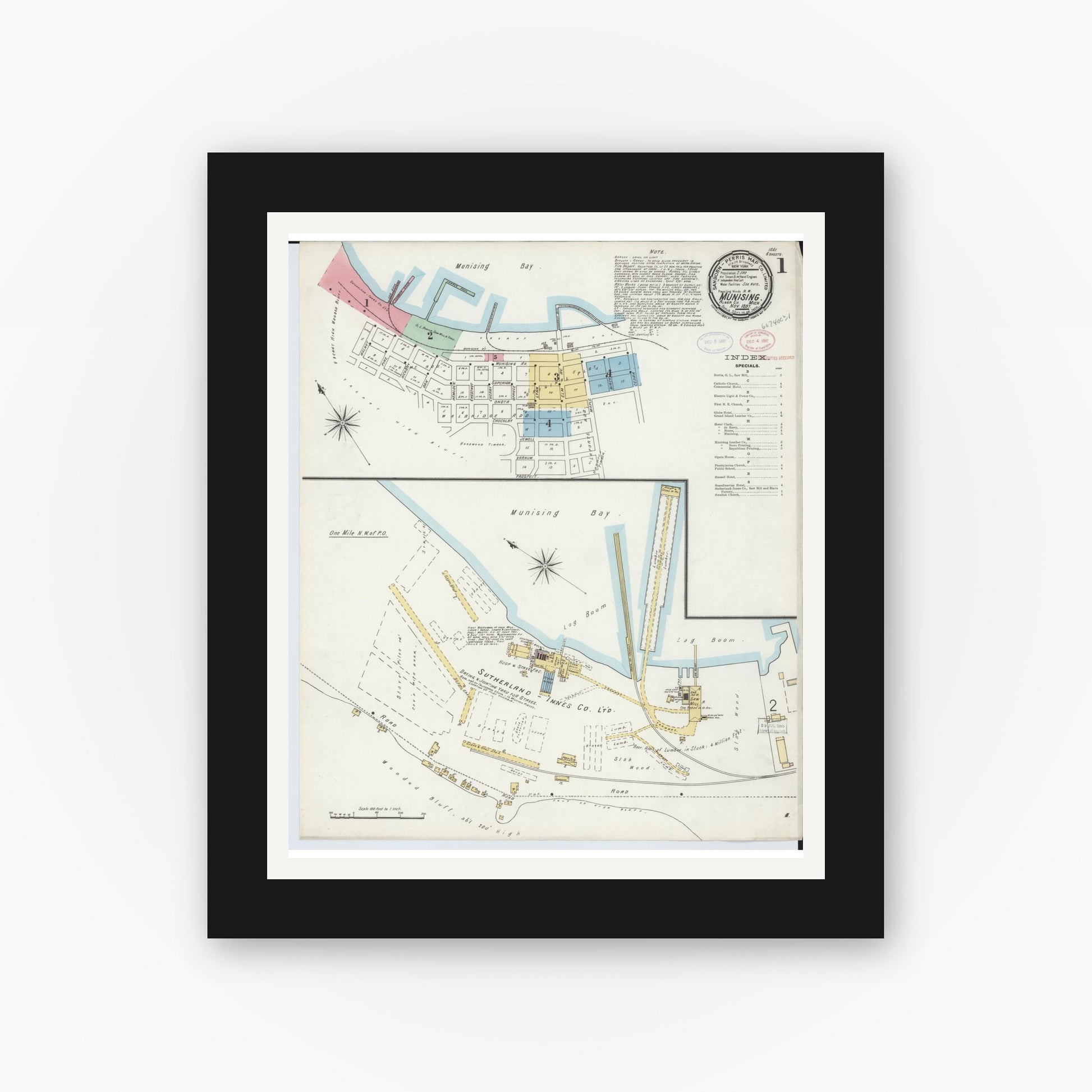Old map wall art mockup — black gallery frame with white mat — Sanborn Fire Insurance Map from Munising, Alger County, Michigan (1897), Sheet #0001