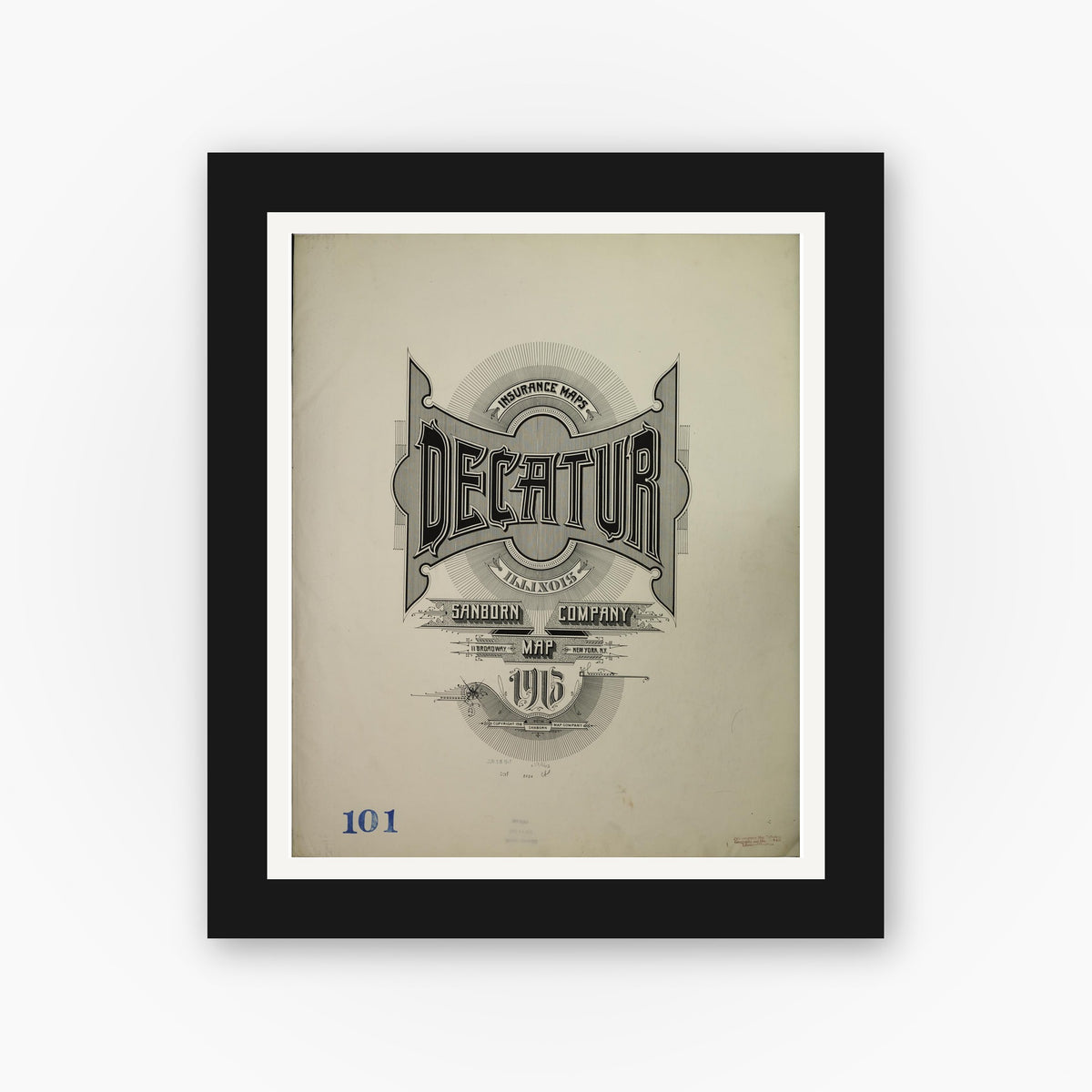 Old map wall art mockup — black gallery frame with white mat — Sanborn Fire Insurance Map from Decatur, Macon County, Illinois (1945), Sheet #0001