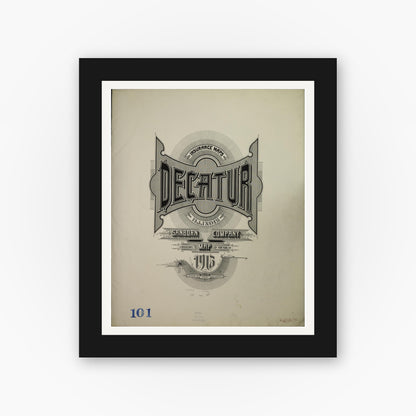 Old map wall art mockup — black gallery frame with white mat — Sanborn Fire Insurance Map from Decatur, Macon County, Illinois (1945), Sheet #0001