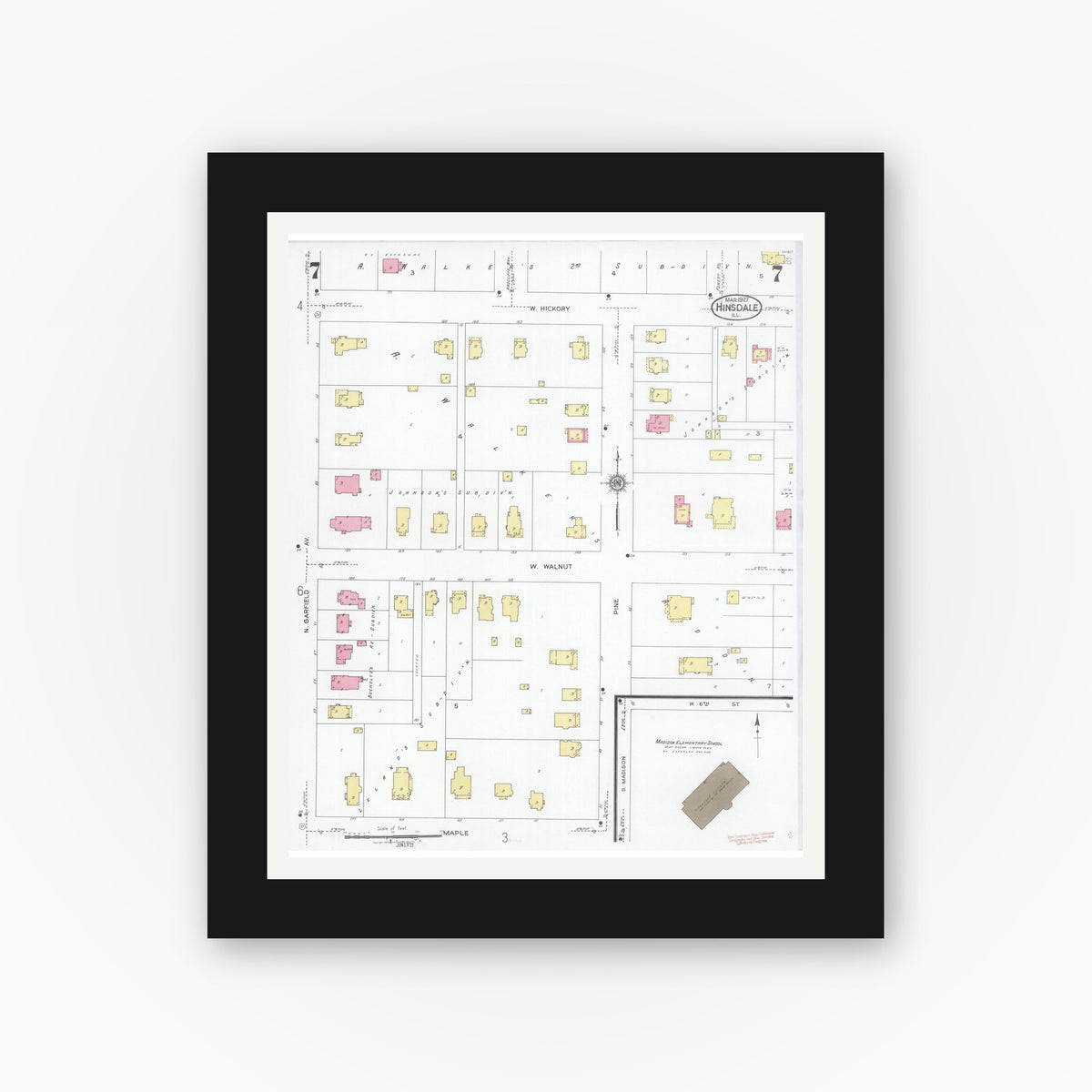Old map wall art mockup — black gallery frame with white mat — Sanborn Fire Insurance Map from Hinsdale, Du Page And Cook Counties, Illinois (1927), Sheet #0007