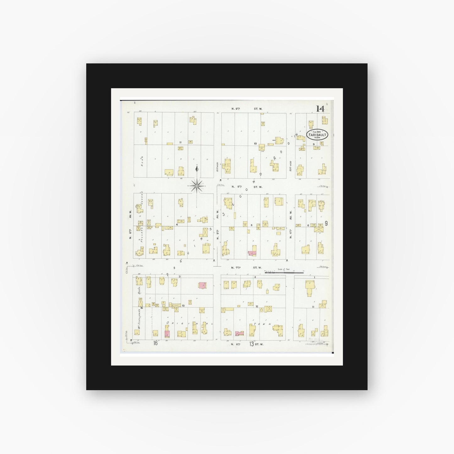 Old map wall art mockup — black gallery frame with white mat — Sanborn Fire Insurance Map from Faribault, Rice County, Minnesota (1909), Sheet #0014