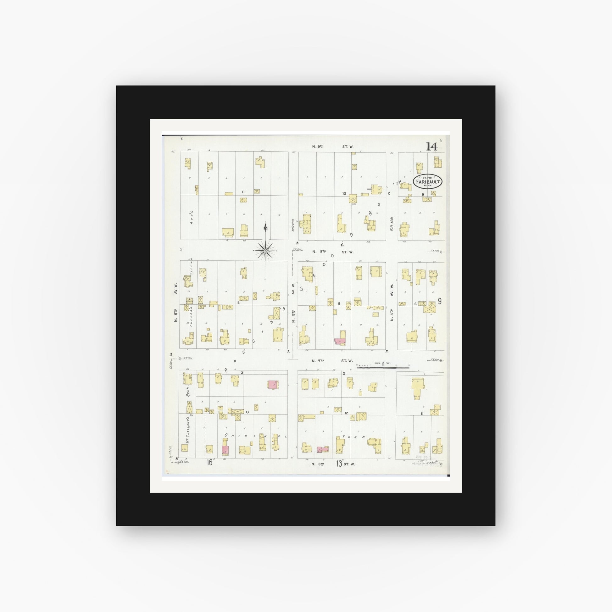 Old map wall art mockup — black gallery frame with white mat — Sanborn Fire Insurance Map from Faribault, Rice County, Minnesota (1909), Sheet #0014