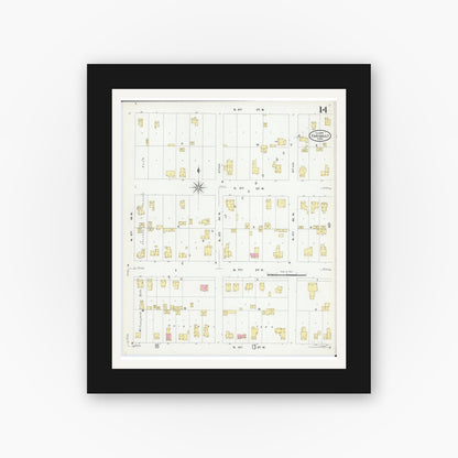 Old map wall art mockup — black gallery frame with white mat — Sanborn Fire Insurance Map from Faribault, Rice County, Minnesota (1909), Sheet #0014