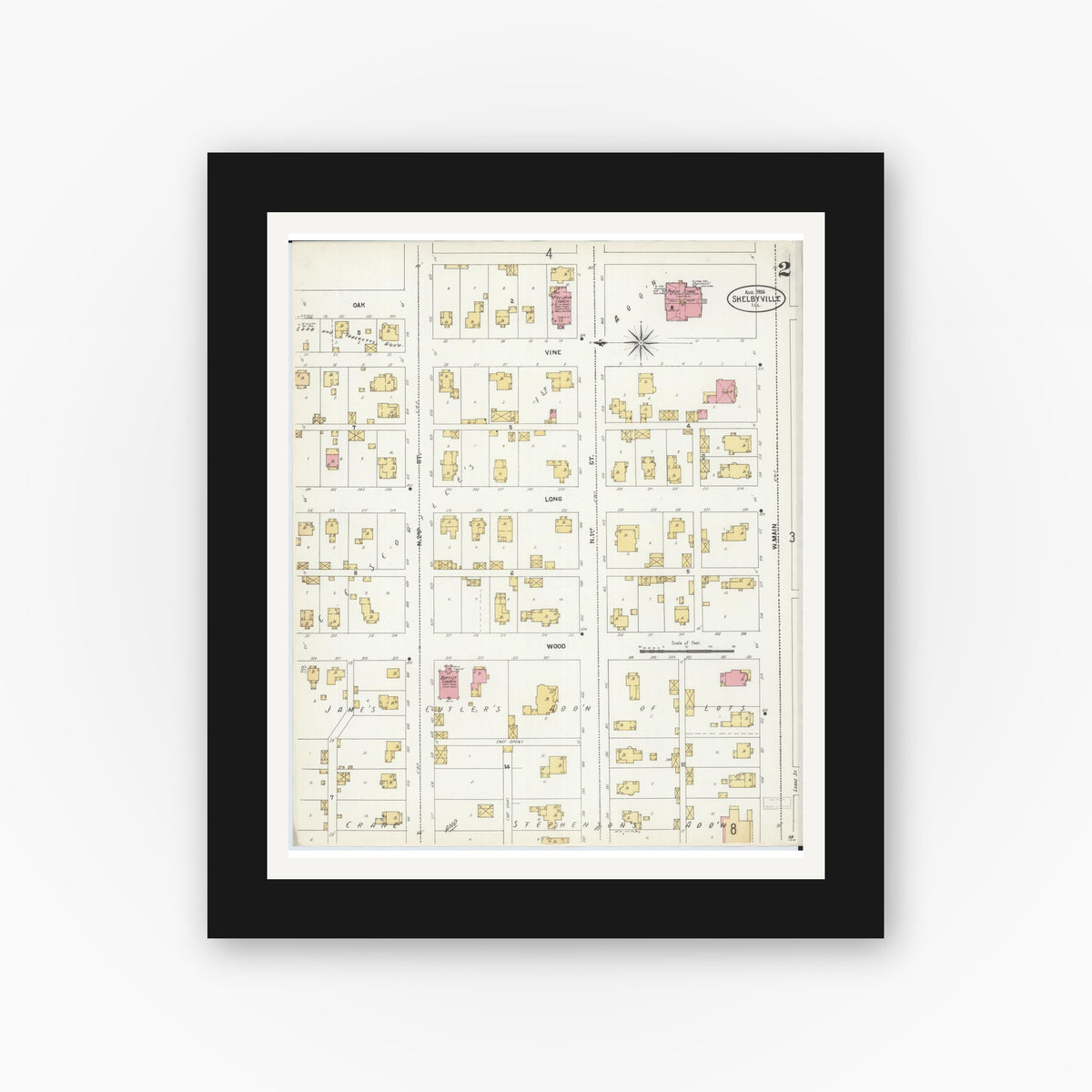 Old map wall art mockup — black gallery frame with white mat — Sanborn Fire Insurance Map from Shelbyville, Shelby County, Illinois (1906), Sheet #0002