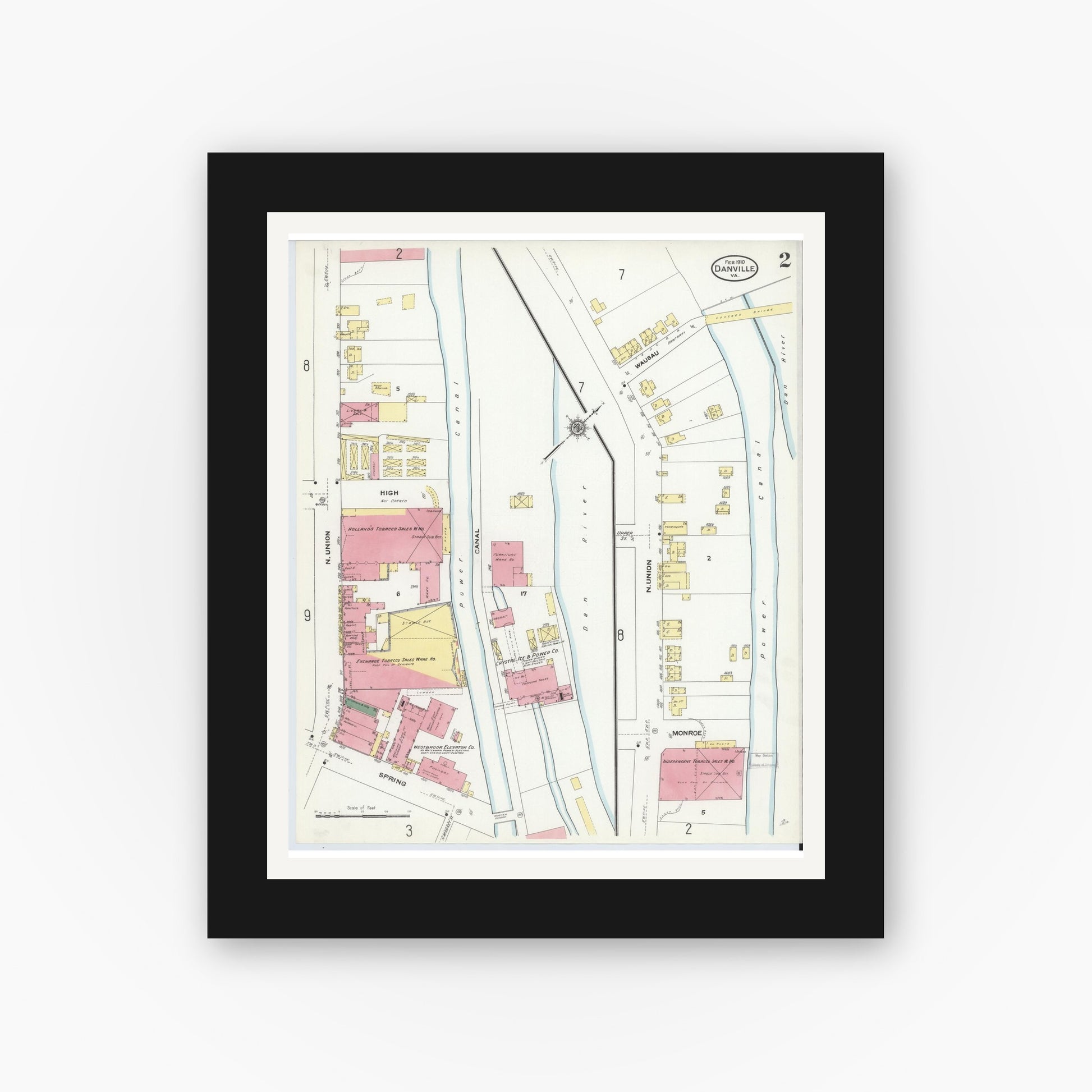 Old map wall art mockup — black gallery frame with white mat — Sanborn Fire Insurance Map from Danville, Independent Cities, Virginia (1910), Sheet #0002