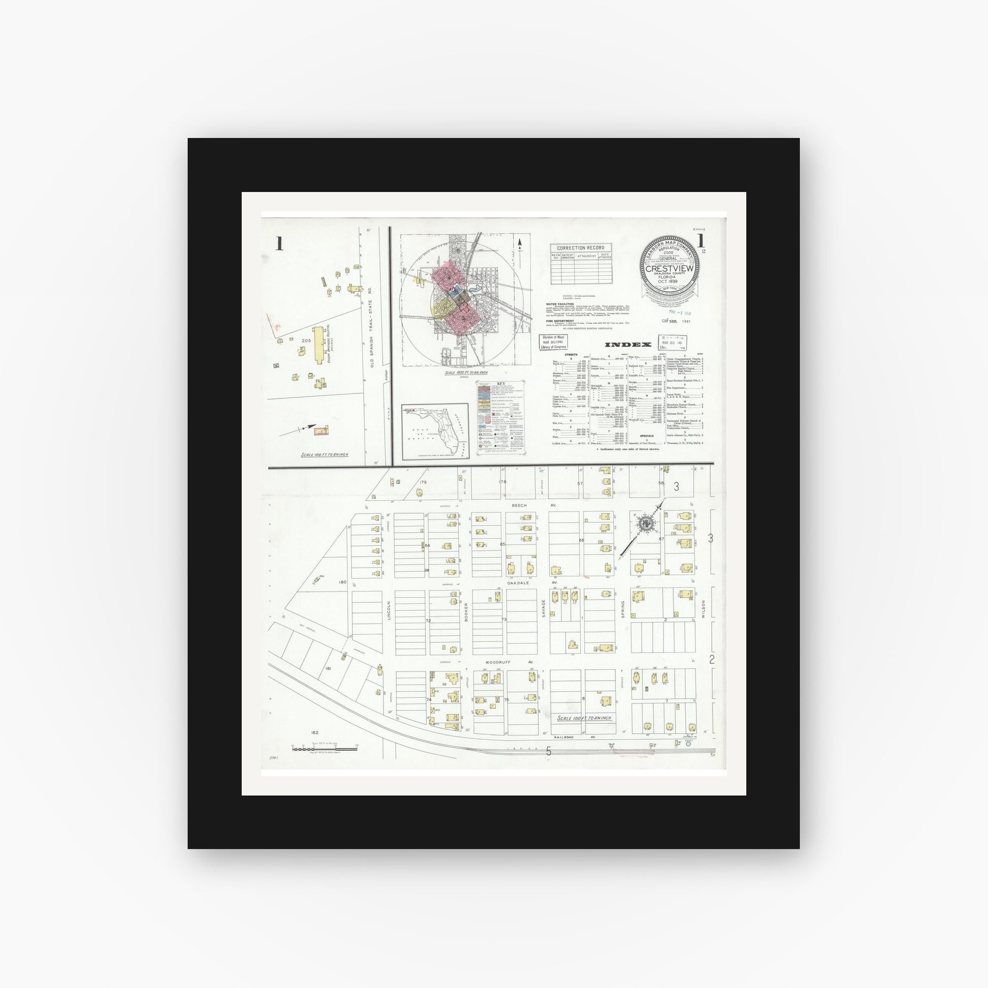 Old map wall art mockup — black gallery frame with white mat — Sanborn Fire Insurance Map from Crestview, Okaloosa County, Florida (1939) - Complete Map Set
