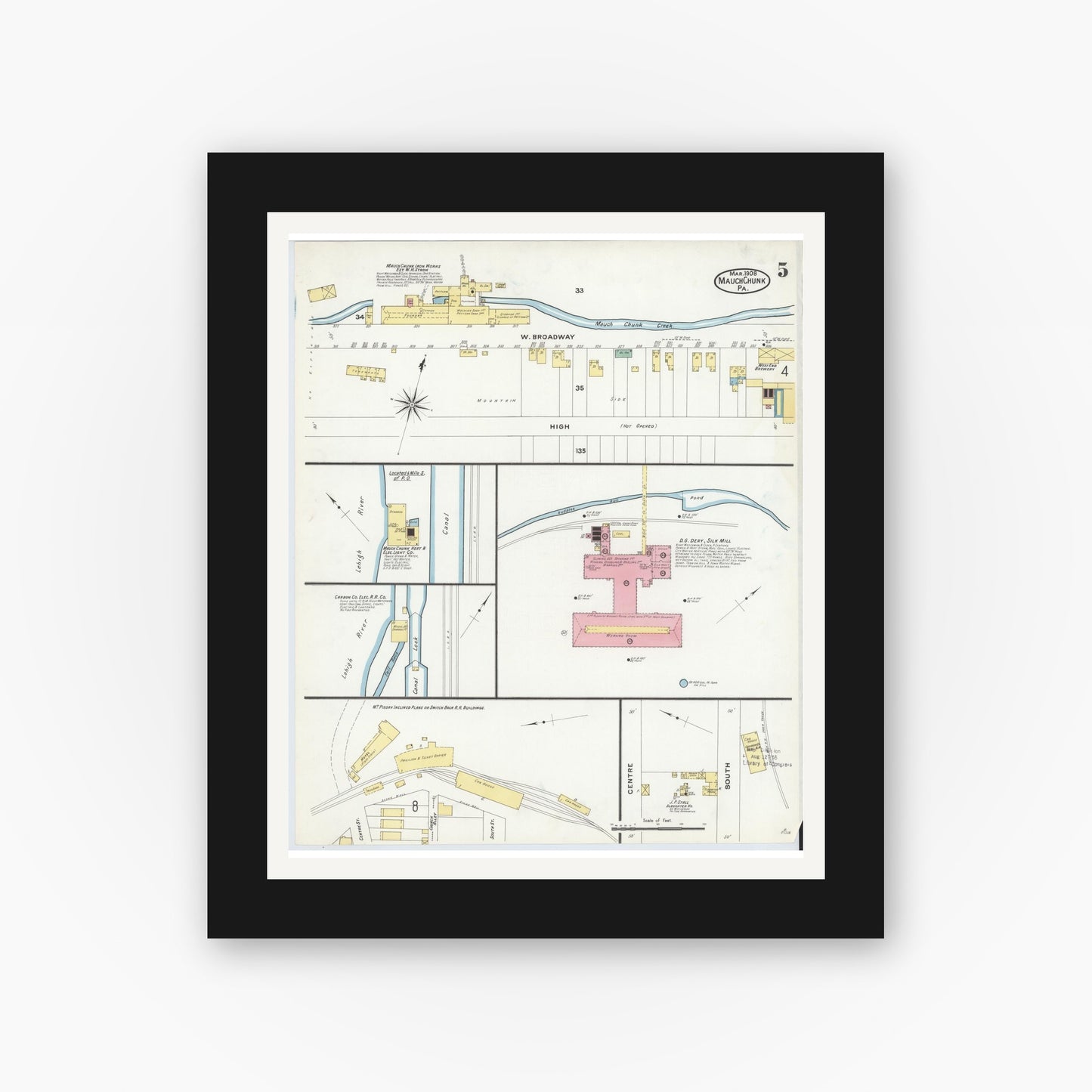 Old map wall art mockup — black gallery frame with white mat — Sanborn Fire Insurance Map from Mauch Chunk, Carbon County, Pennsylvania (1908), Sheet #0005