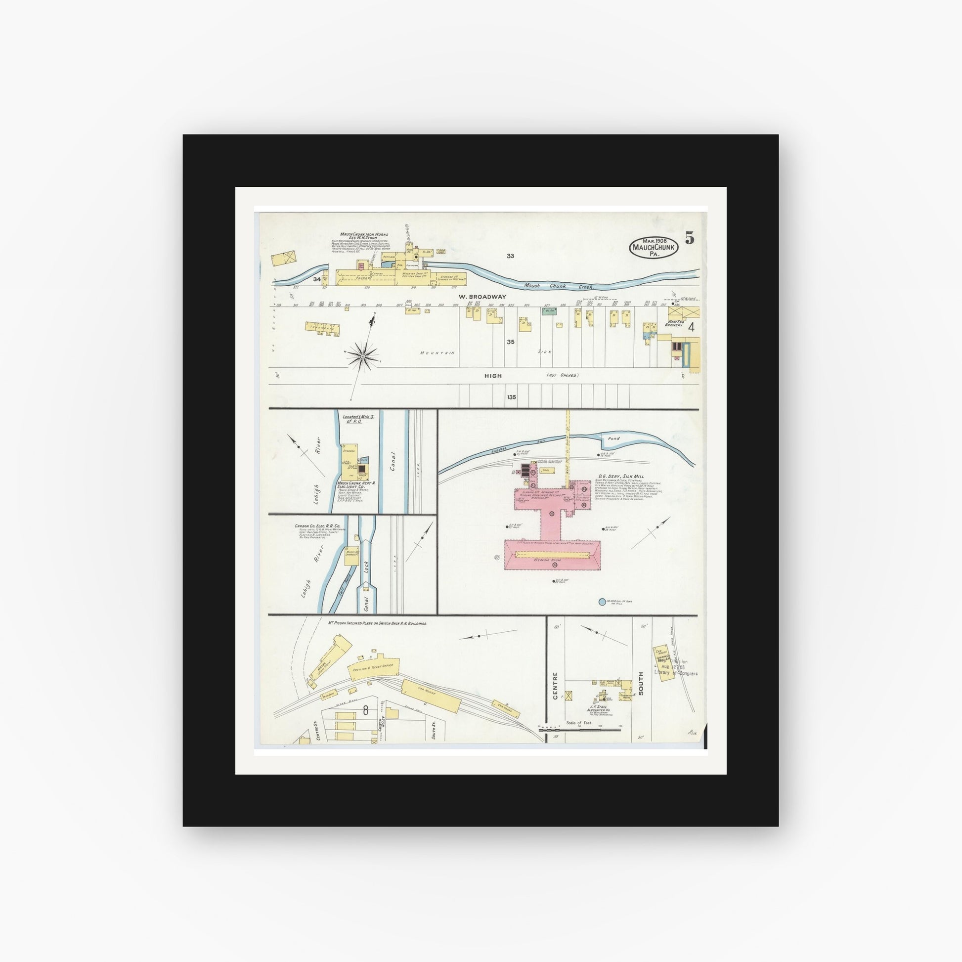 Old map wall art mockup — black gallery frame with white mat — Sanborn Fire Insurance Map from Mauch Chunk, Carbon County, Pennsylvania (1908), Sheet #0005