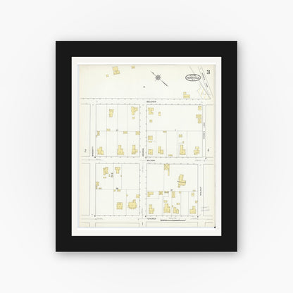 Old map wall art mockup — black gallery frame with white mat — Sanborn Fire Insurance Map from Farmville, Pitt County, North Carolina (1915), Sheet #0003