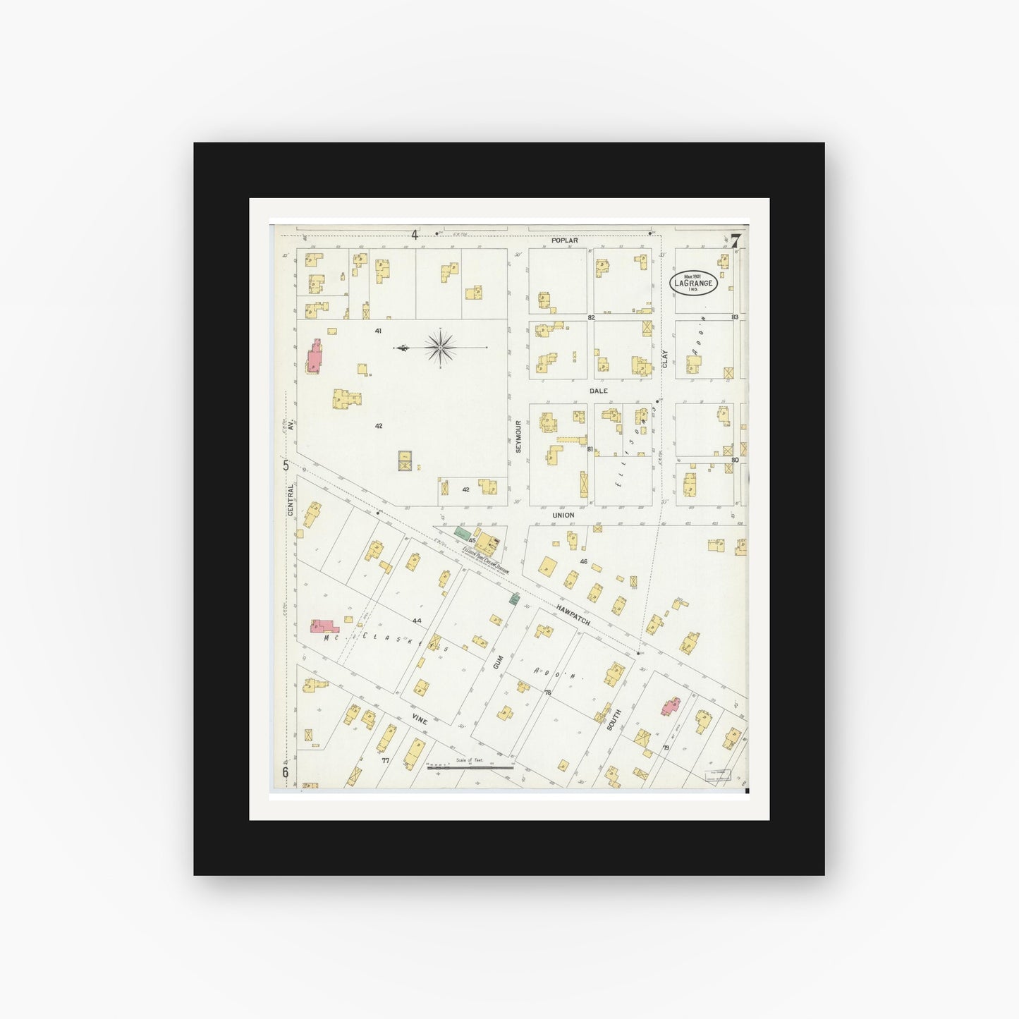 Old map wall art mockup — black gallery frame with white mat — Sanborn Fire Insurance Map from Lagrange, LaGrange County, Indiana (1901), Sheet #0007