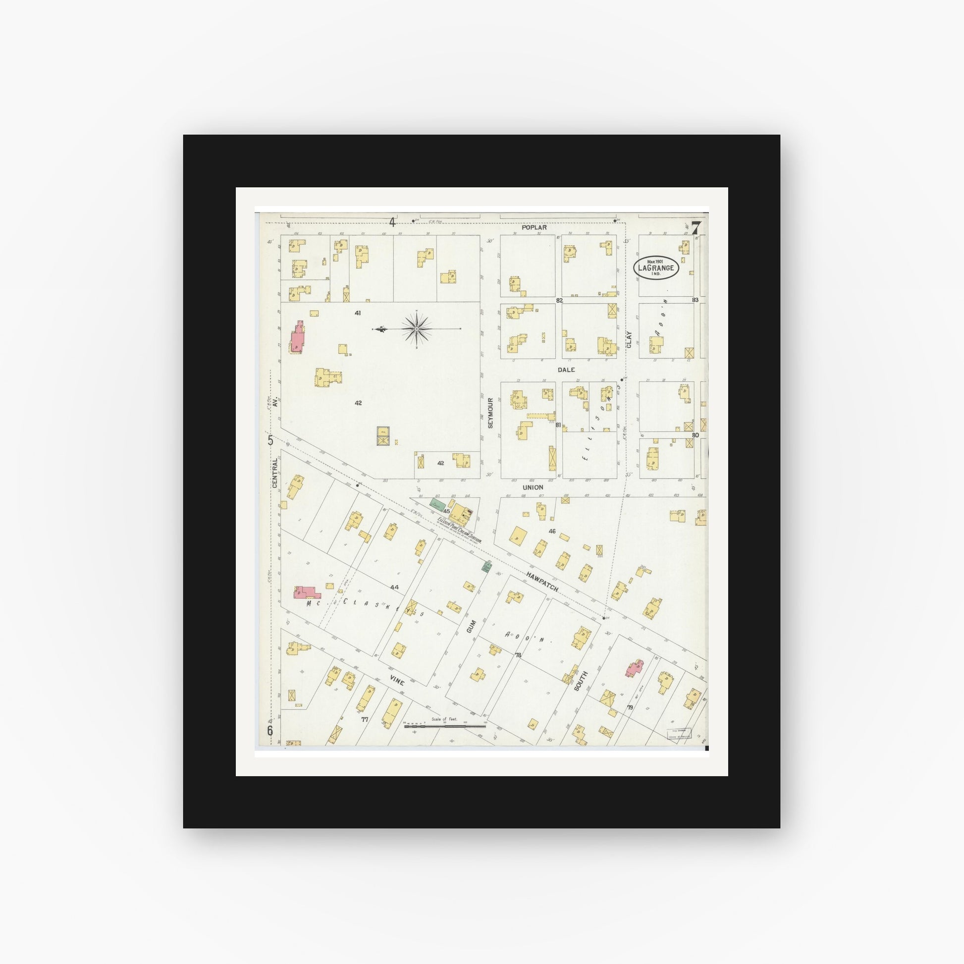 Old map wall art mockup — black gallery frame with white mat — Sanborn Fire Insurance Map from Lagrange, LaGrange County, Indiana (1901), Sheet #0007