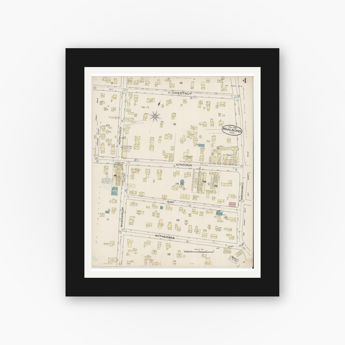 Old map wall art mockup — black gallery frame with white mat — Sanborn Fire Insurance Map from Marlborough, Middlesex County, Massachusetts (1885), Sheet #0004