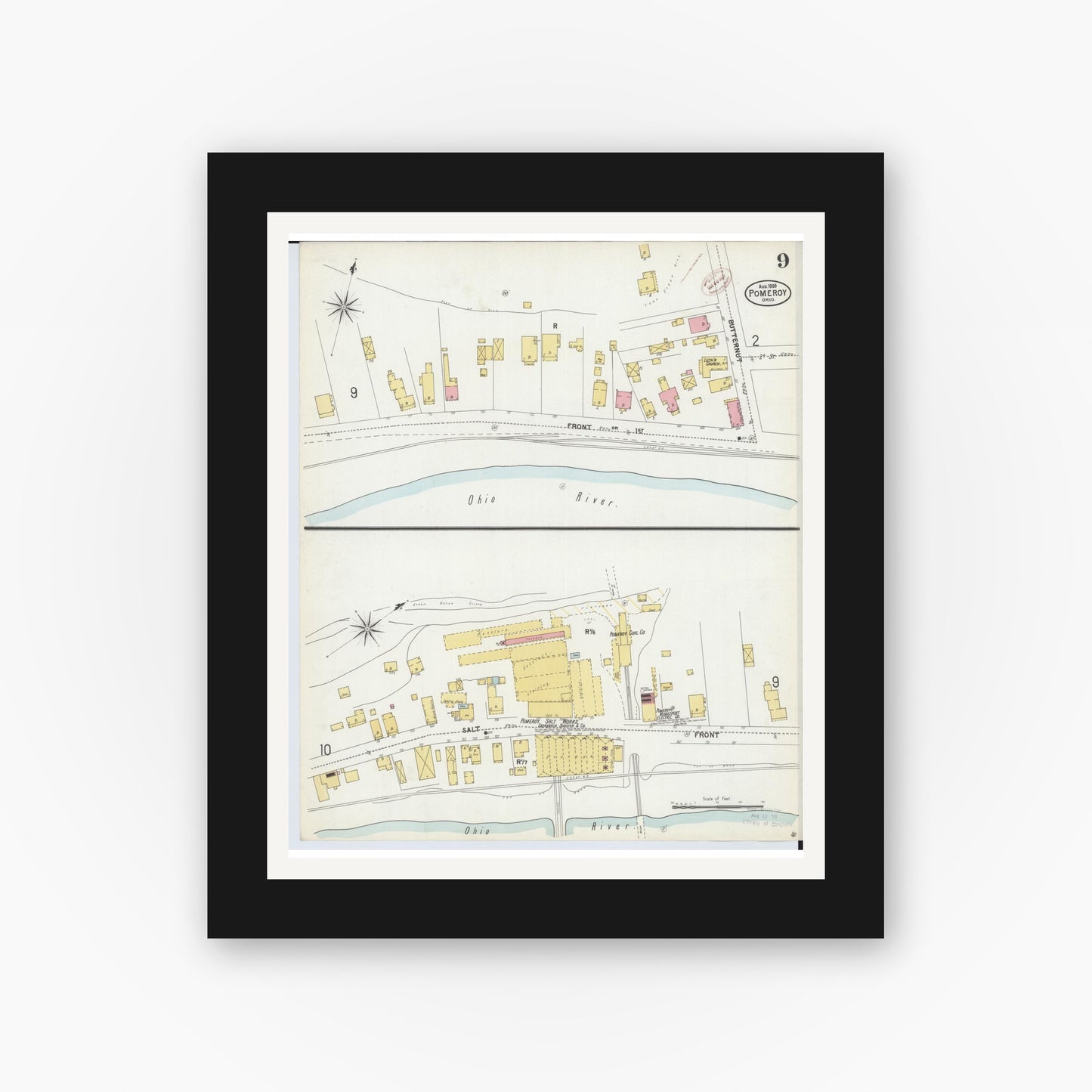 Old map wall art mockup — black gallery frame with white mat — Sanborn Fire Insurance Map from Pomeroy, Meigs County, Ohio (1899), Sheet #0009