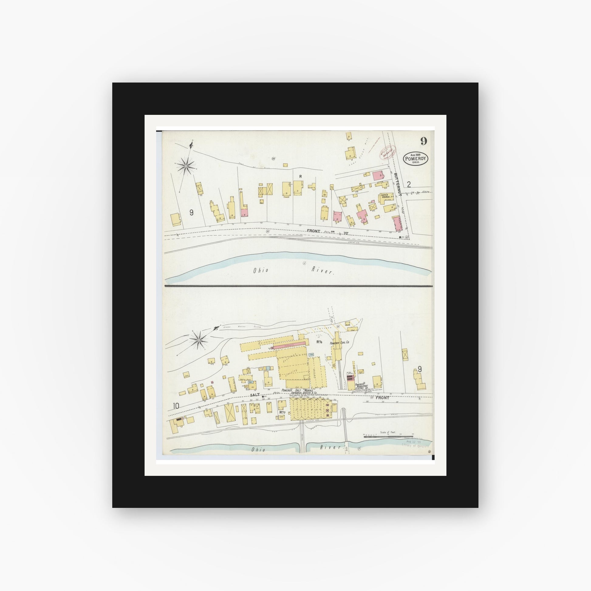 Old map wall art mockup — black gallery frame with white mat — Sanborn Fire Insurance Map from Pomeroy, Meigs County, Ohio (1899), Sheet #0009