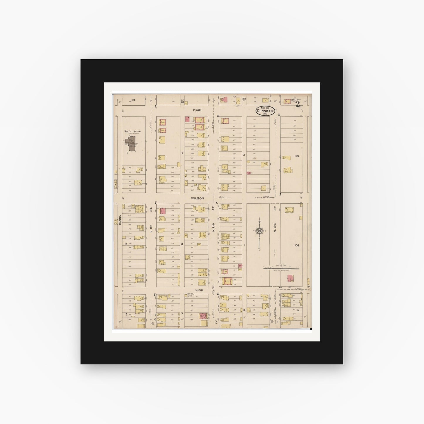 Old map wall art mockup — black gallery frame with white mat — Sanborn Fire Insurance Map from Dennison, Tuscarawas County, Ohio (1921), Sheet #0002