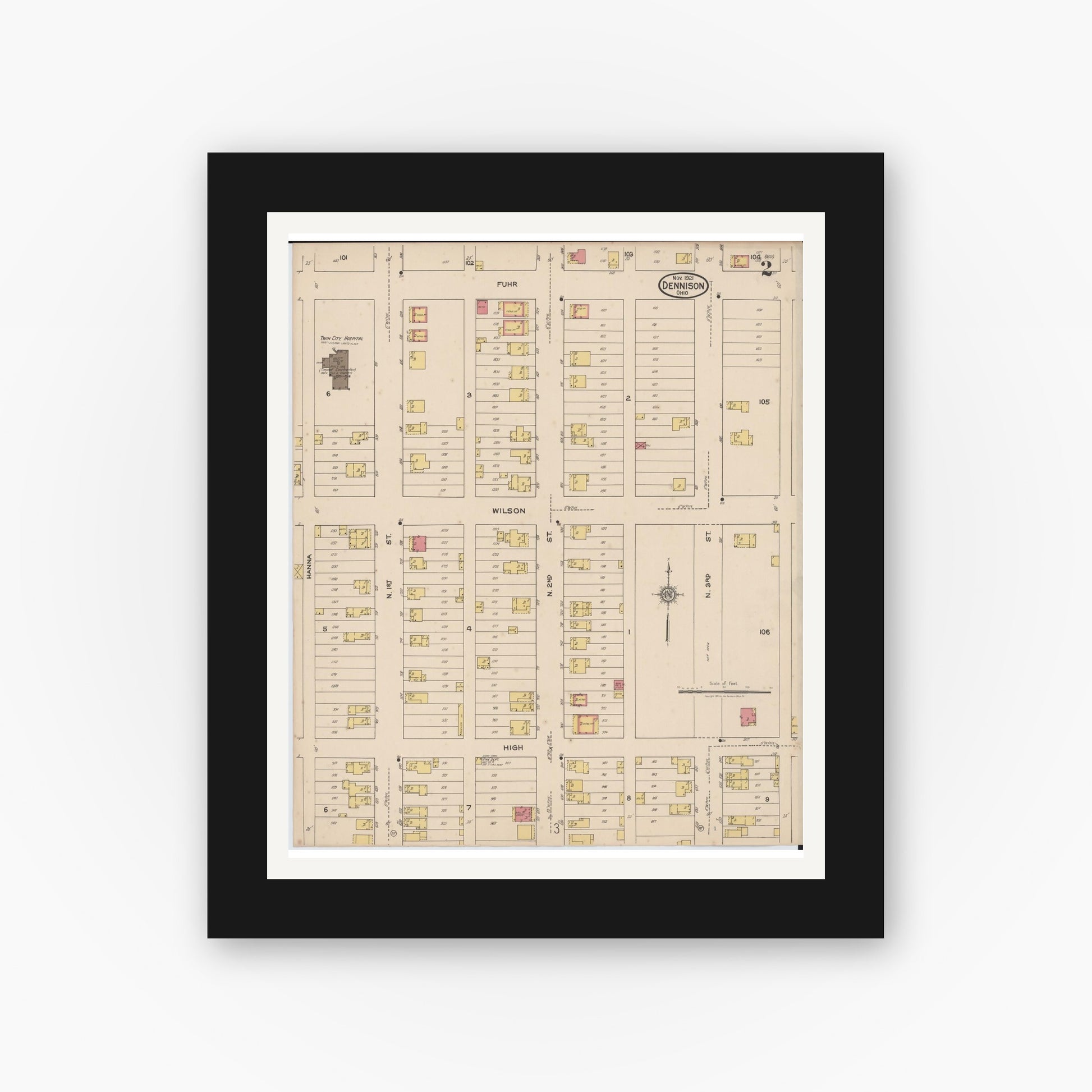 Old map wall art mockup — black gallery frame with white mat — Sanborn Fire Insurance Map from Dennison, Tuscarawas County, Ohio (1921), Sheet #0002